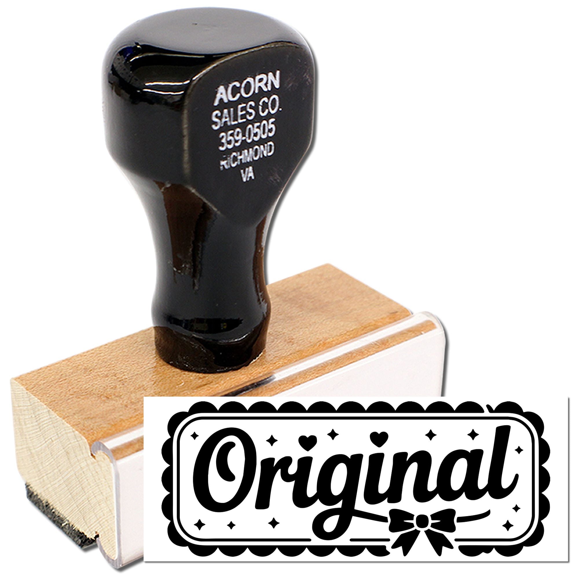 Original rubber stamp with decorative script, ideal for marking handmade products, packaging, and branding.