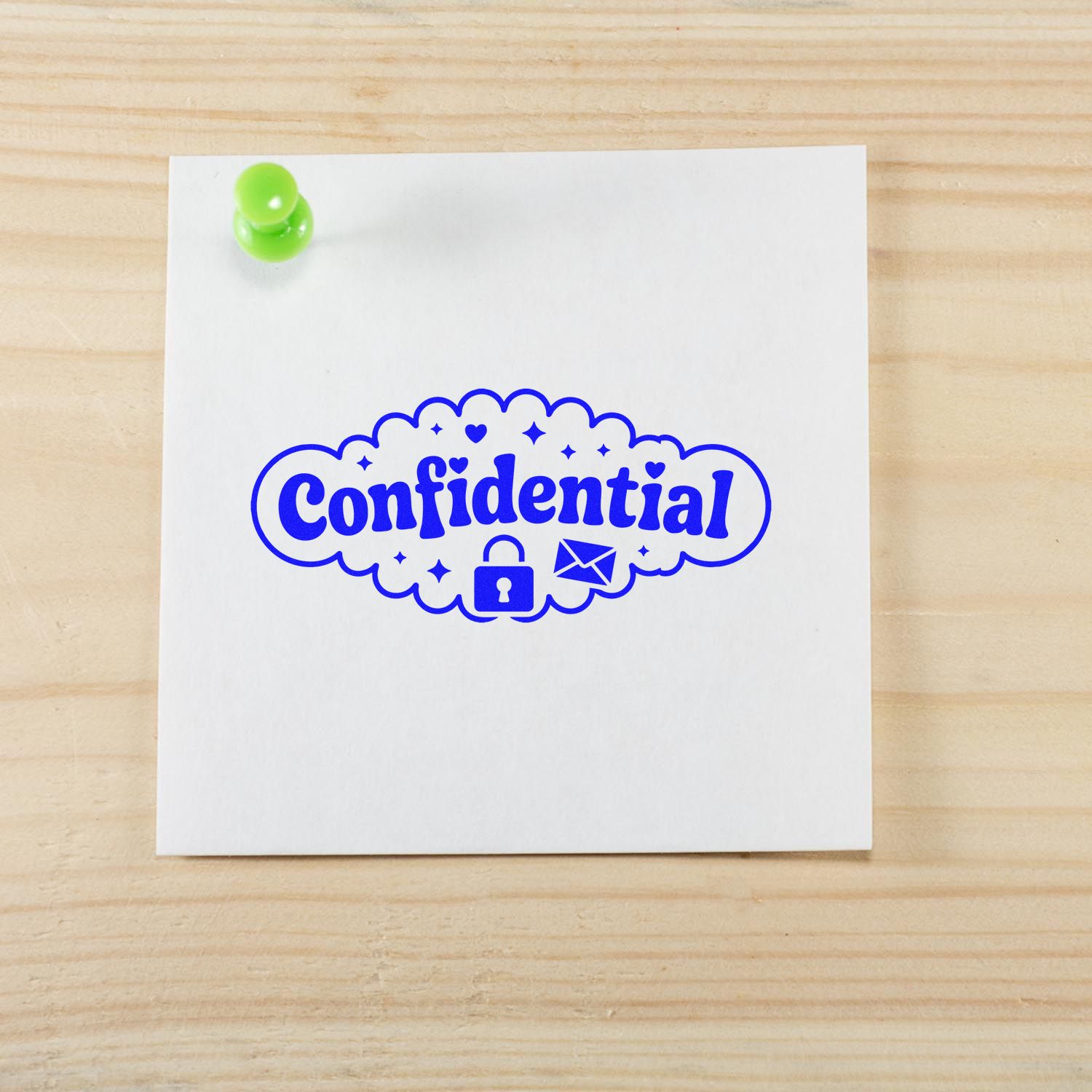 Confidential rubber stamp design on white paper, pinned to a wood desk, ideal for secure mail, documents, and office use.