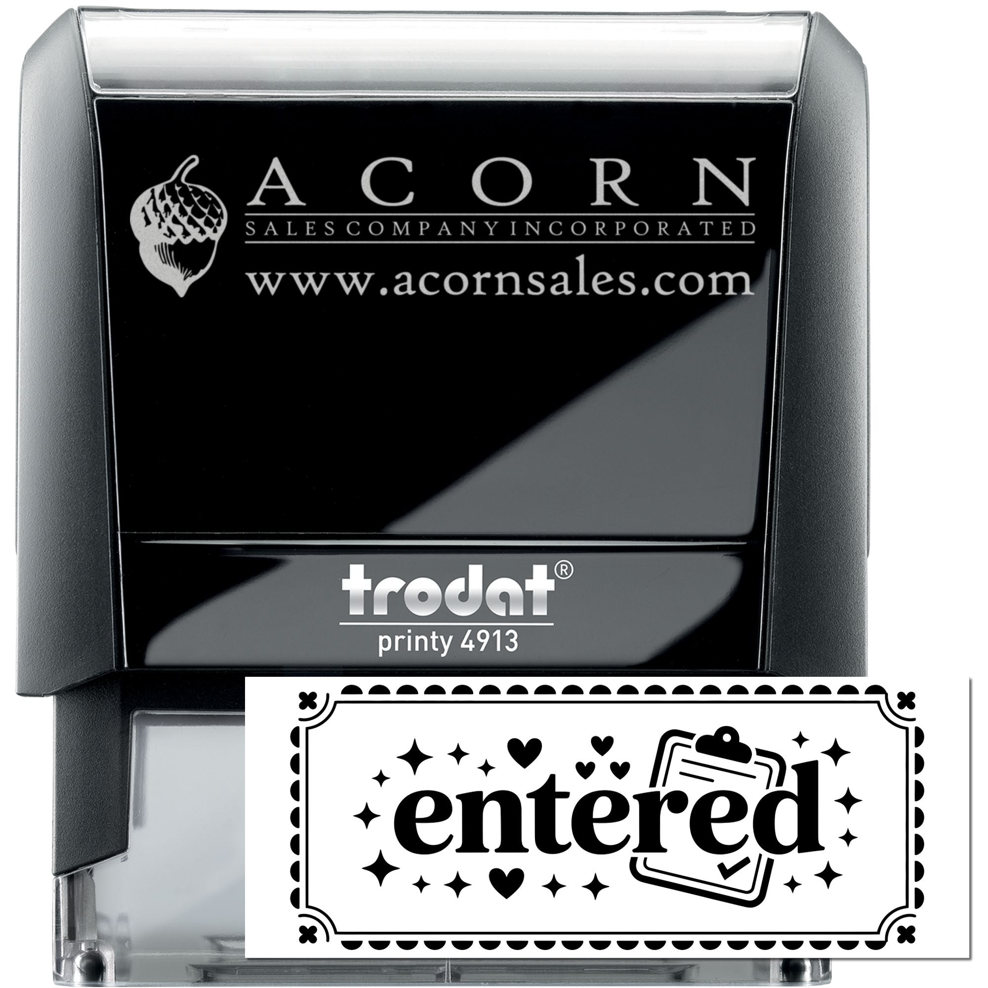 Trodat Printy 4913 custom self-inking rubber stamp with Acorn Sales Company Incorporated logo and website