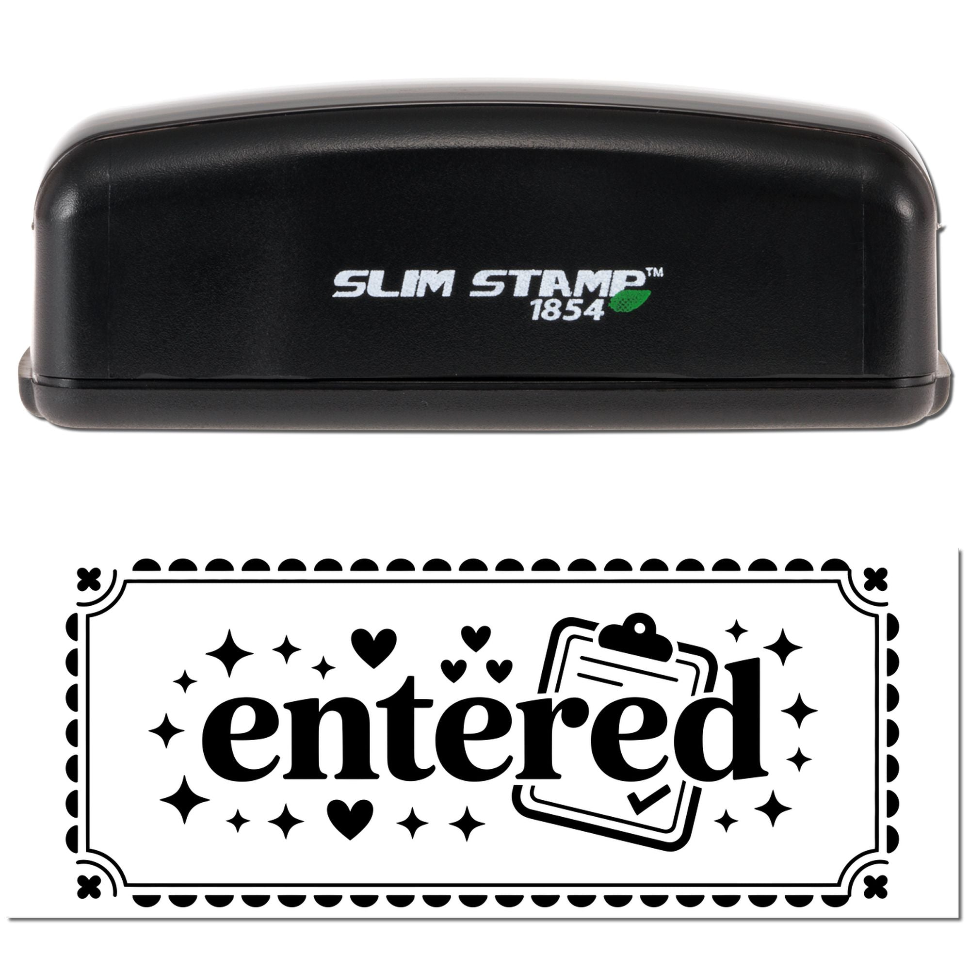 Black Slim Stamp 1854 self-inking rubber stamp with decorative entered approval impression design