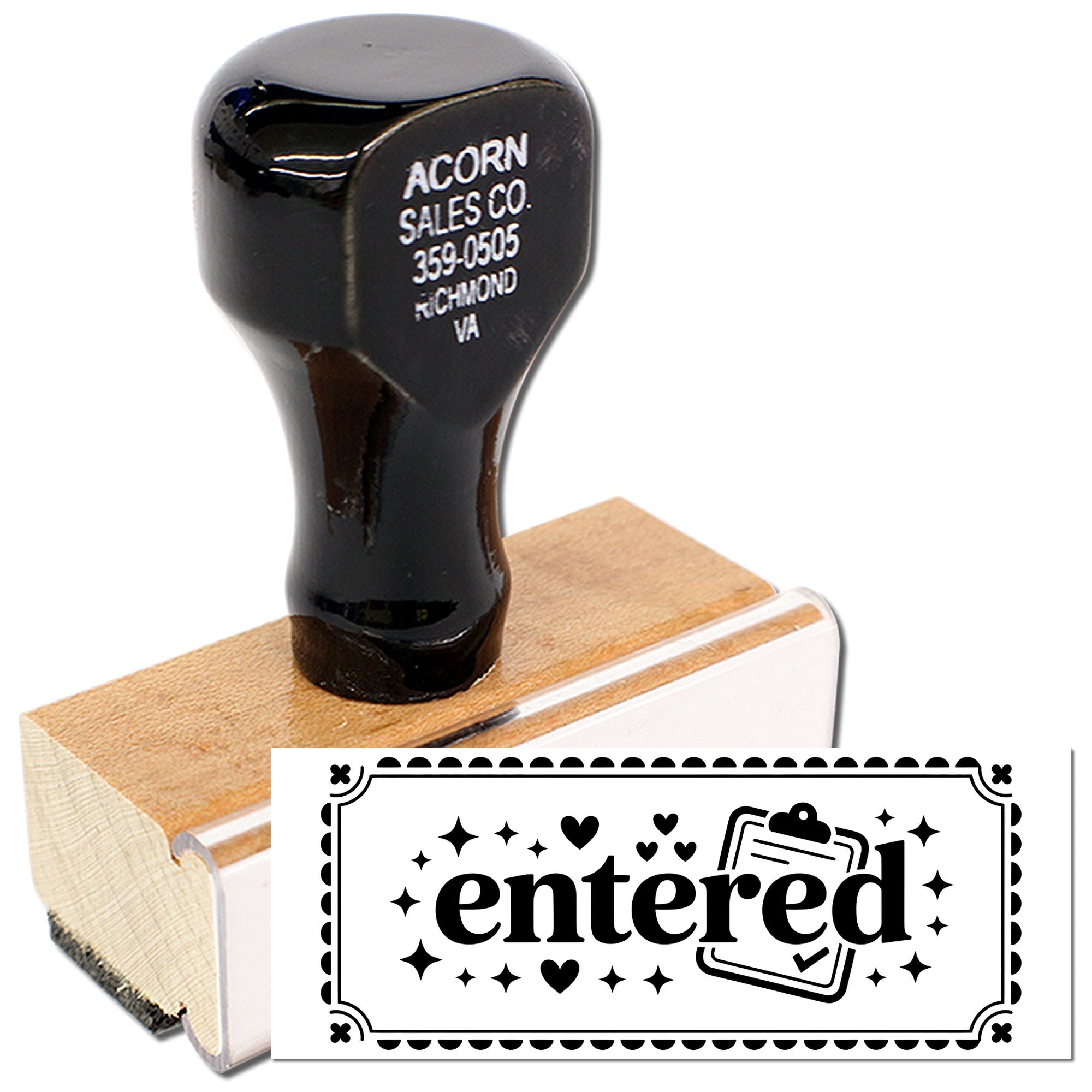 Custom rubber stamp with entered office mark on a wooden block, ideal for document processing and record keeping.