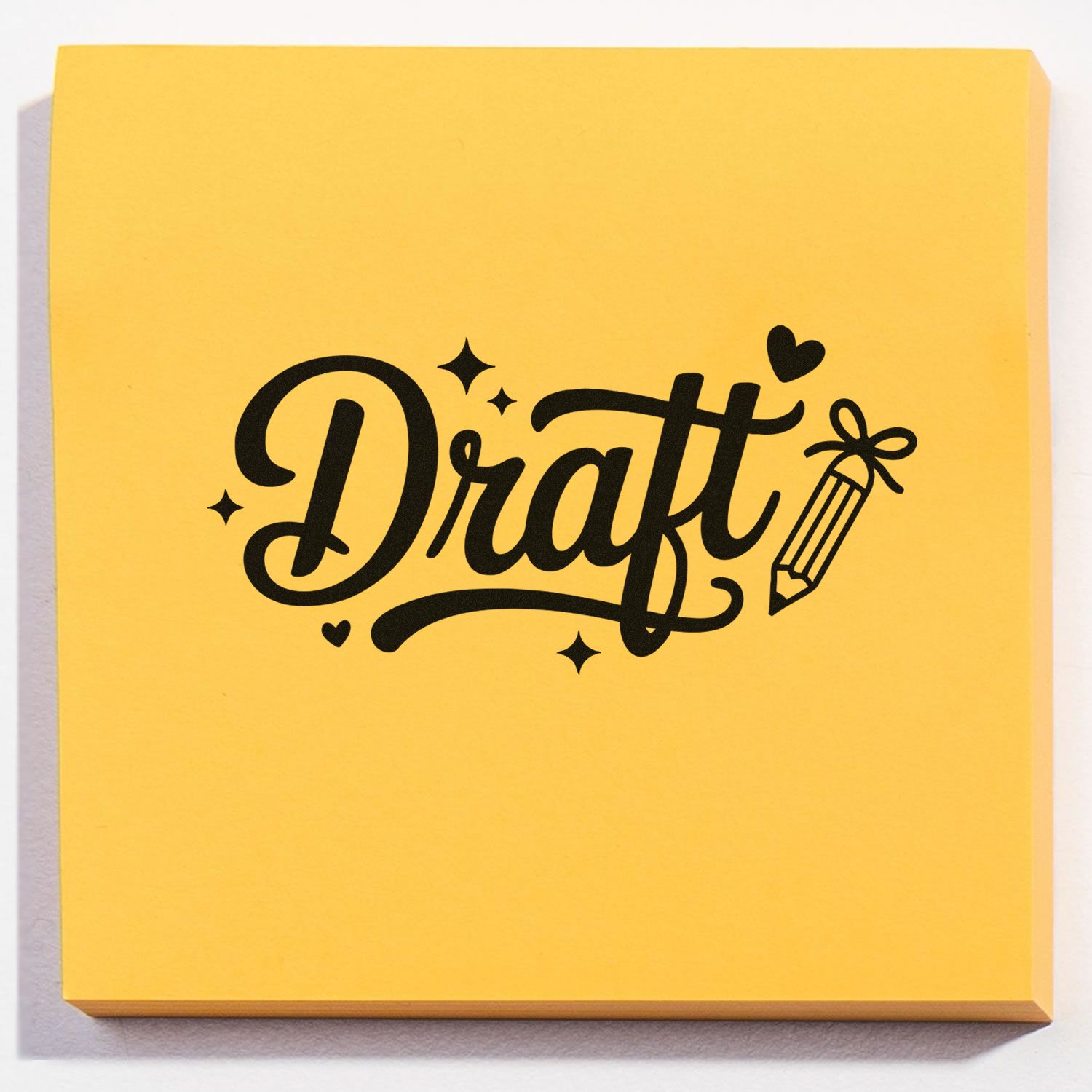 Draft rubber stamp design with pencil and heart accents for marking documents, notes, and approval status.