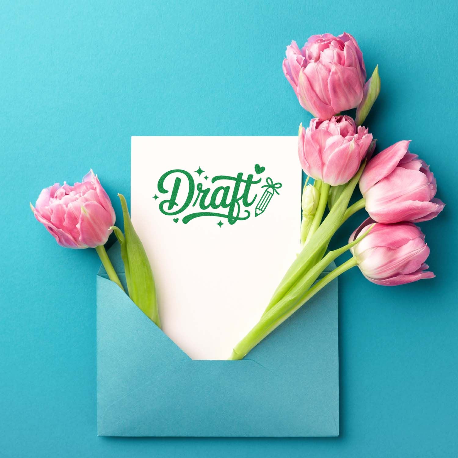 Draft rubber stamp design on a card with pink tulips and envelope, perfect for stationery, planners, and office use.