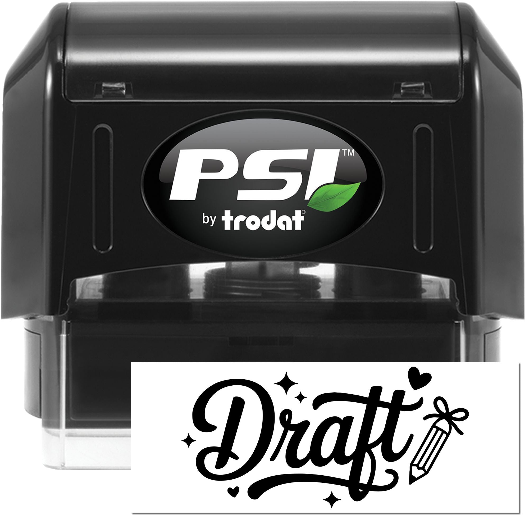 PSI by Trodat self-inking rubber stamp with custom Draft imprint for document review and approval marking.