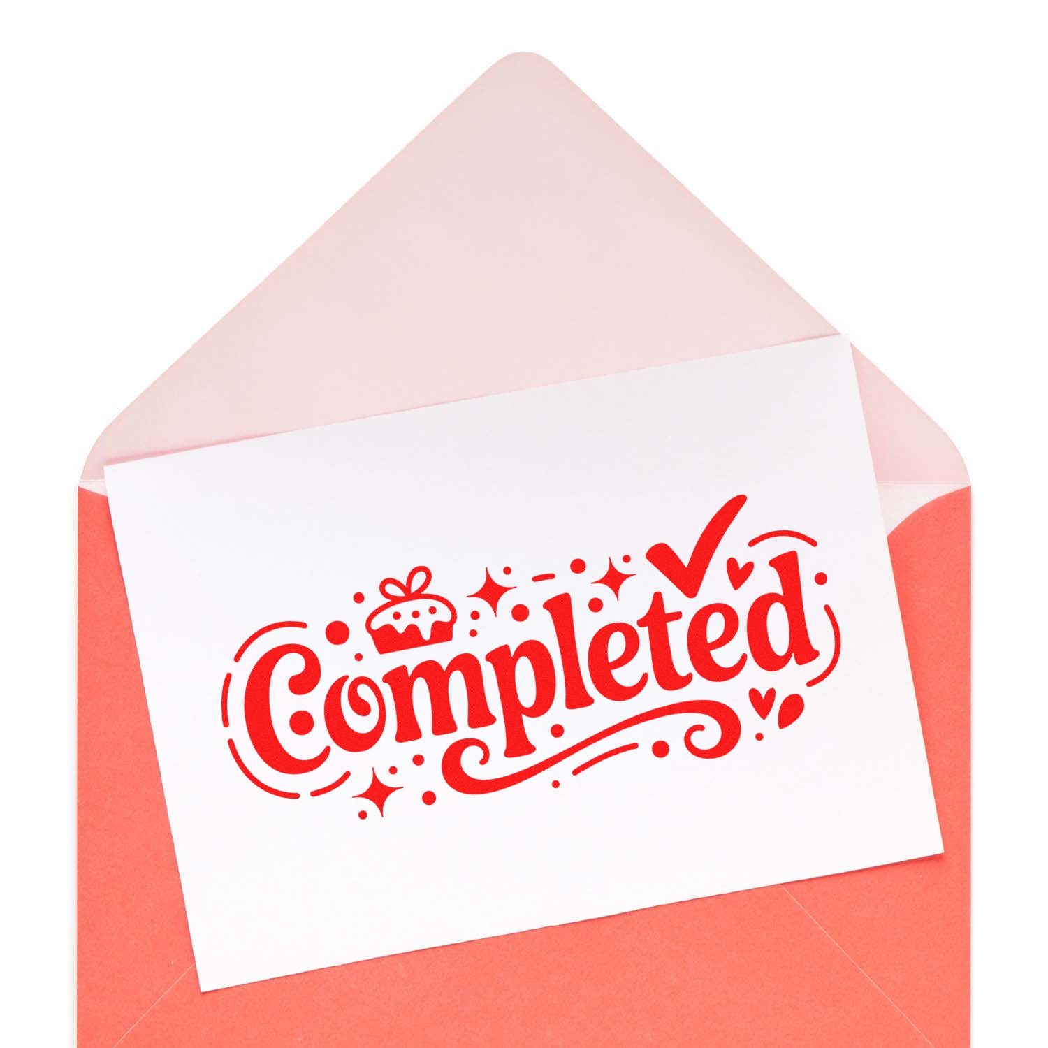 Decorative red Completed rubber stamp design on a card in an envelope for office approval, crafting, and packaging.
