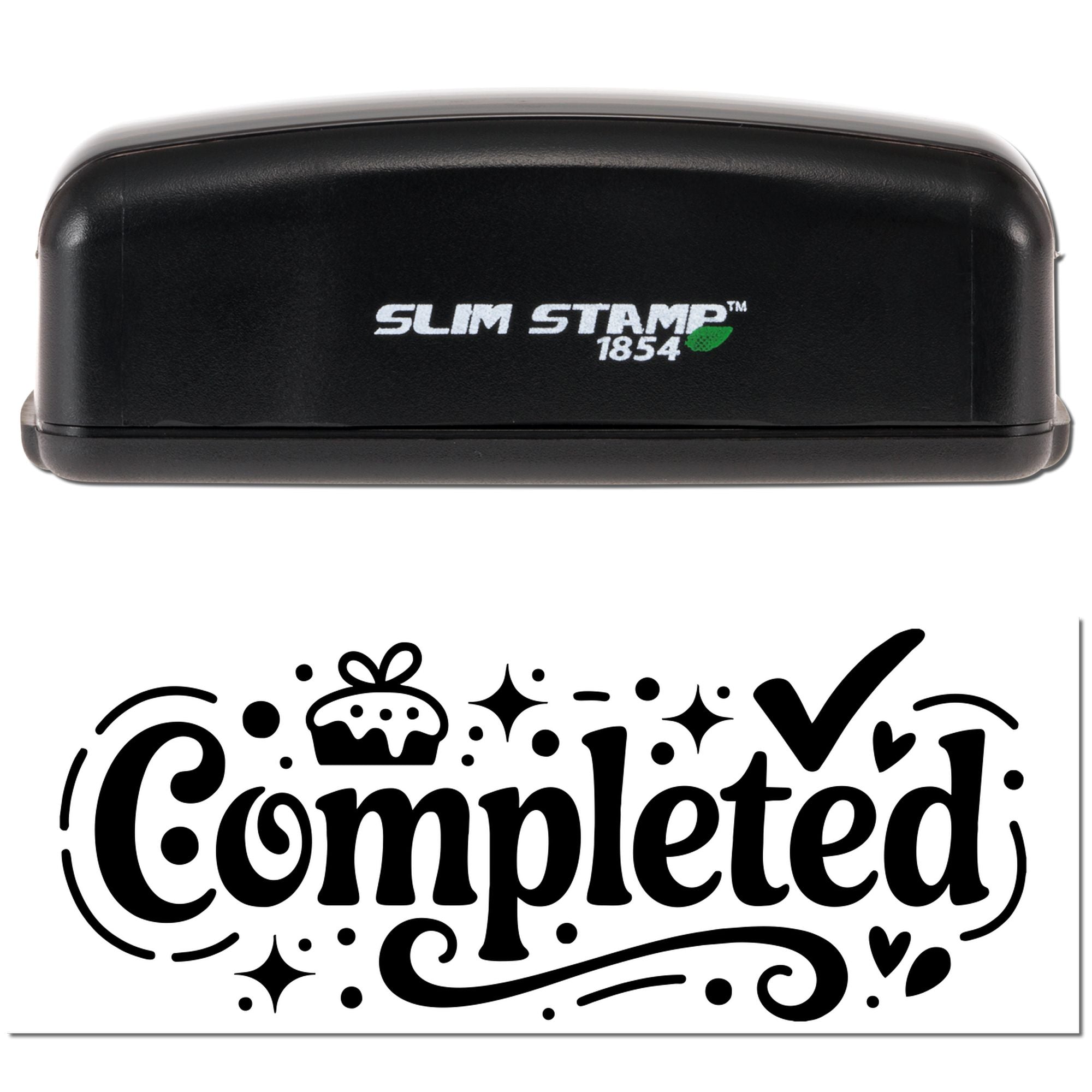 Slim Stamp 1854 rubber stamp with decorative Completed imprint for document approval and office paperwork organization.