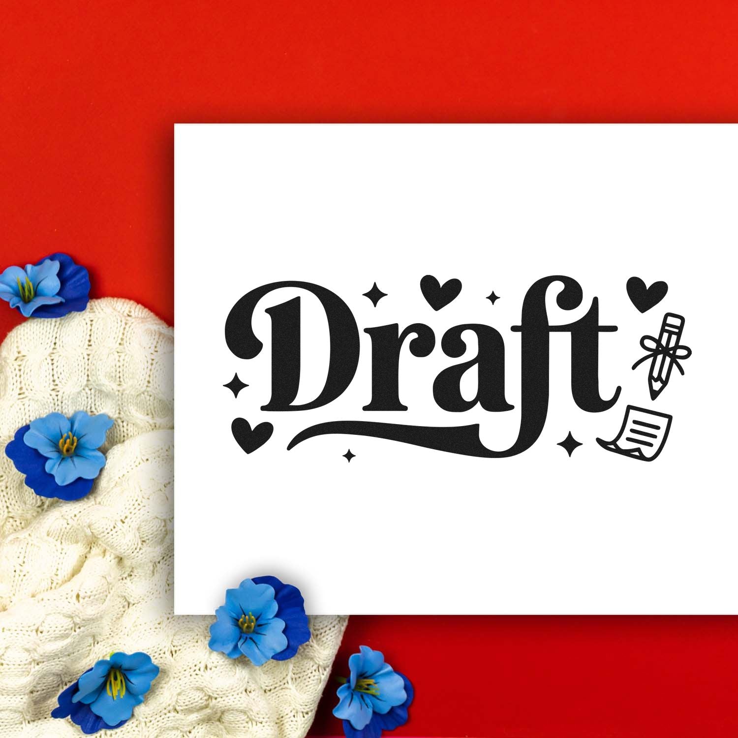 Decorative Draft rubber stamp design with hearts and stationery icons for planners, crafts, and office use.