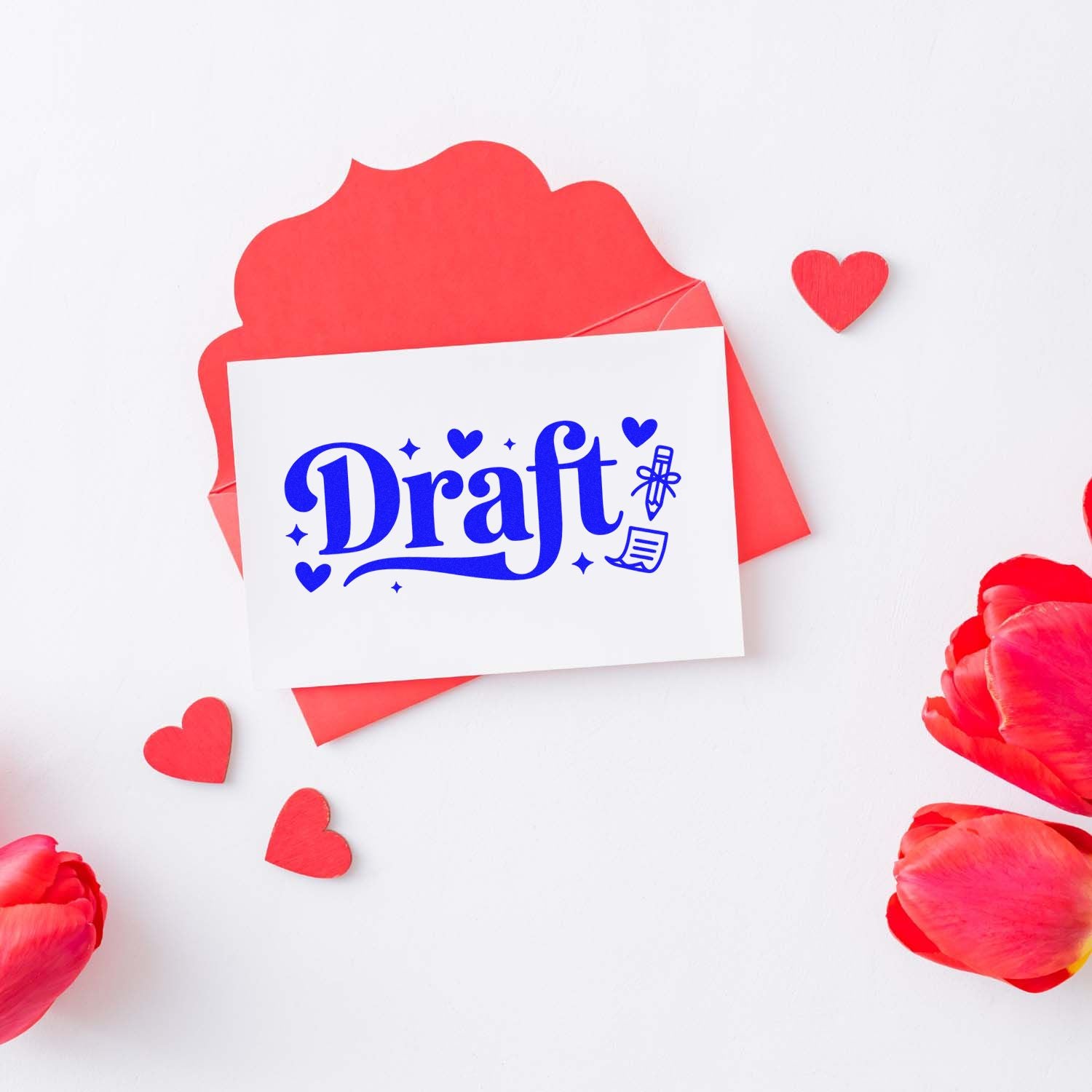 Custom rubber stamp draft with hearts and floral accents for Valentines Day cards and packaging.