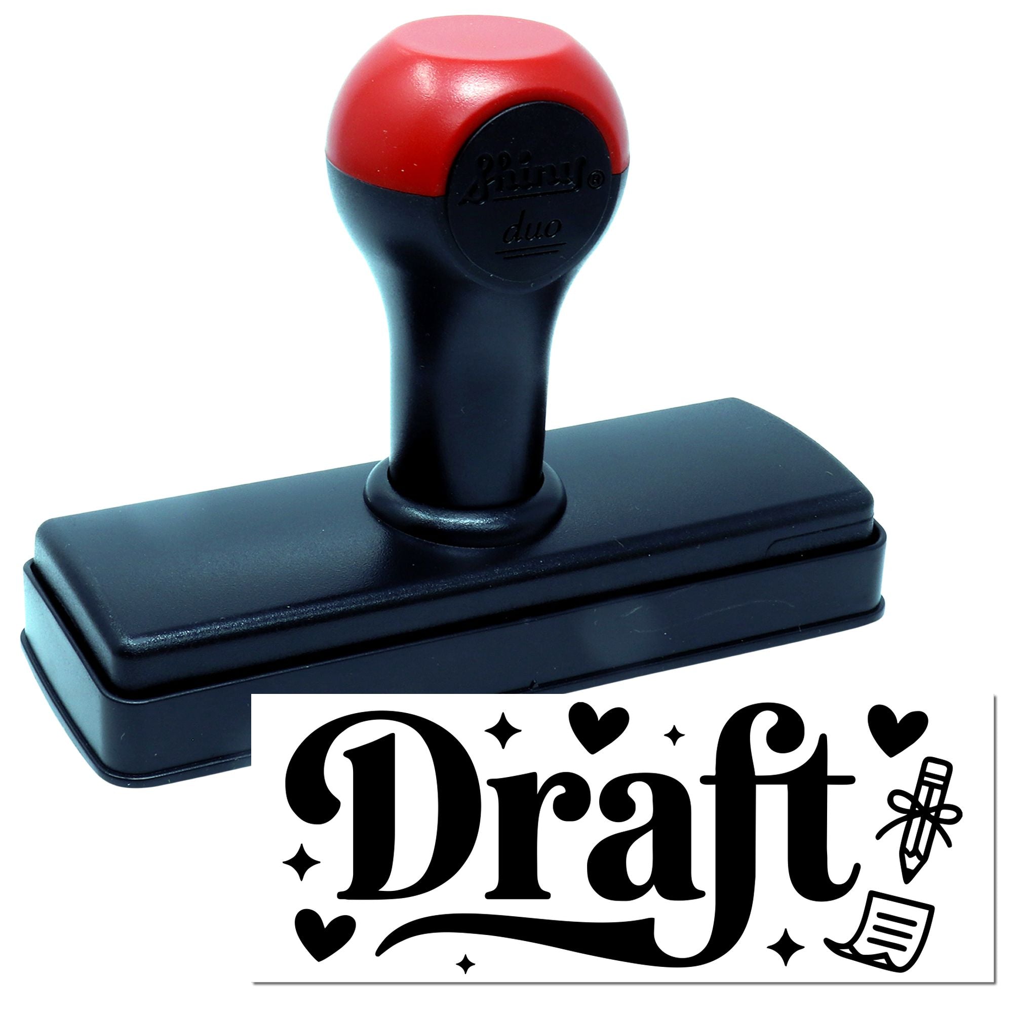 Self-inking rubber stamp with Draft imprint for document review and office paperwork.