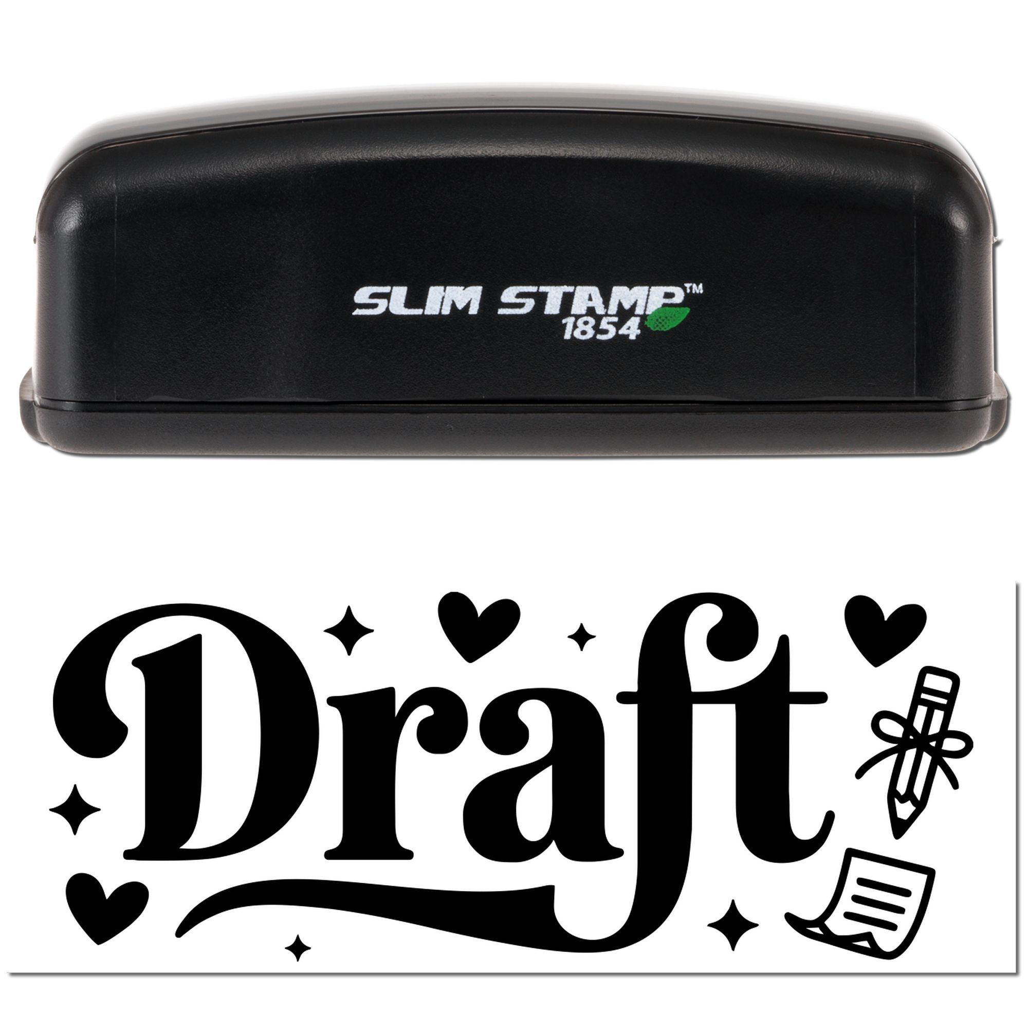 Slim Stamp 1854 rubber stamp with Draft design, hearts, stars, pencil and note icons for marking draft documents.
