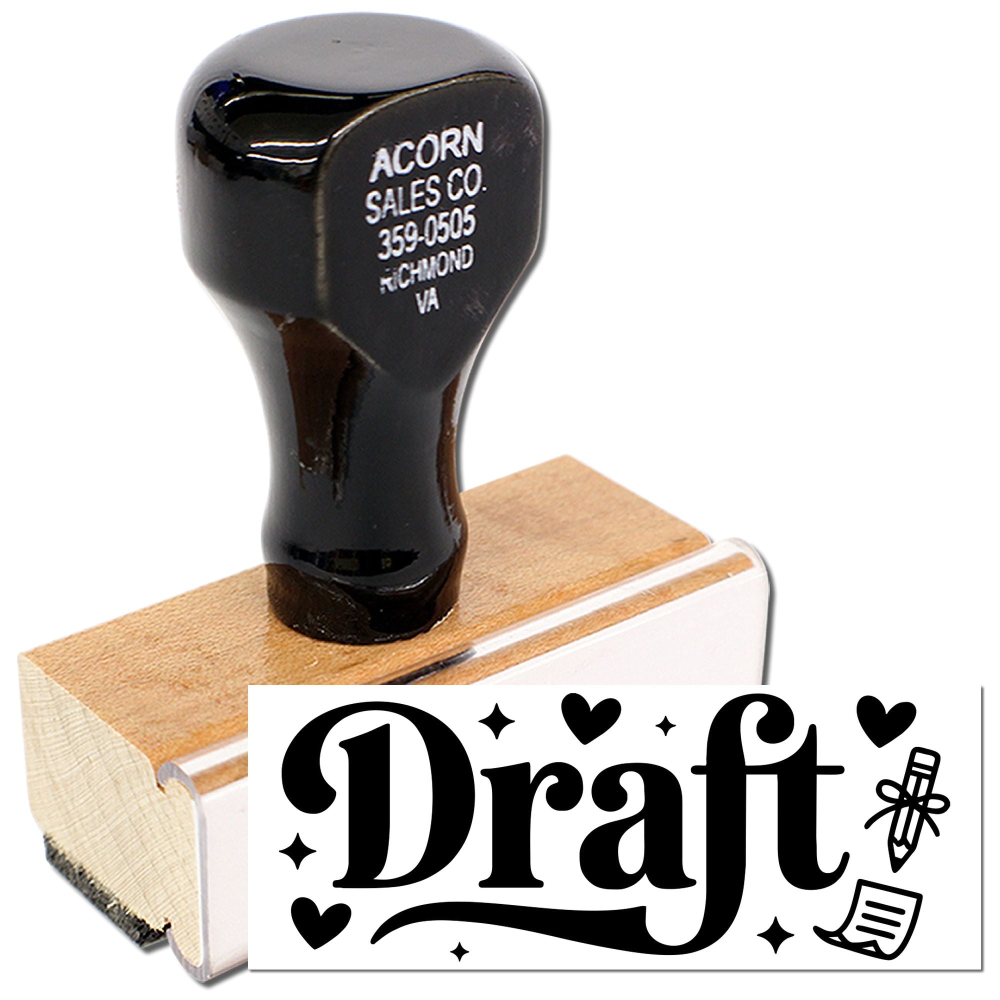 Custom rubber stamp with black handle and wood mount showing Draft design, ideal for office documents and paper crafting.