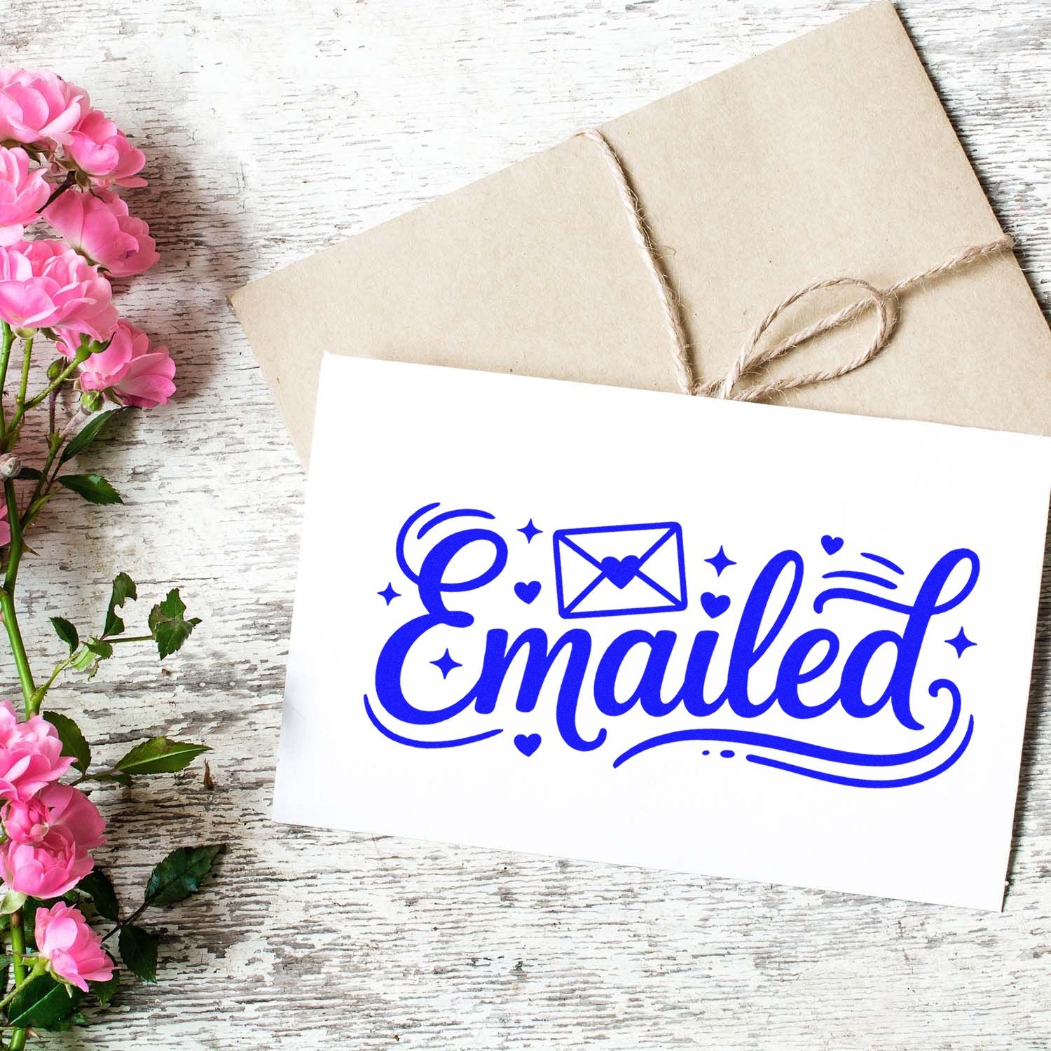 Emailed rubber stamp design on a card beside a wrapped envelope and pink flowers.