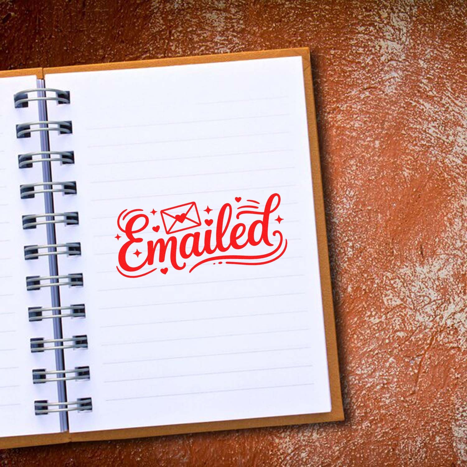 Red Emailed rubber stamp with envelope icon on notebook page, ideal for office mail tracking and planner organization.