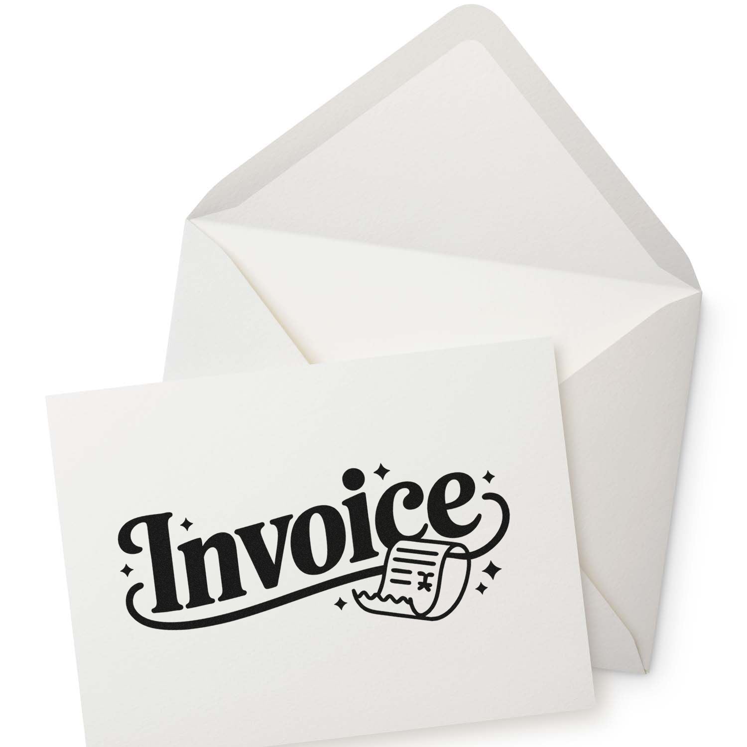 Invoice rubber stamp design on a card beside an envelope for business billing and mail organization.