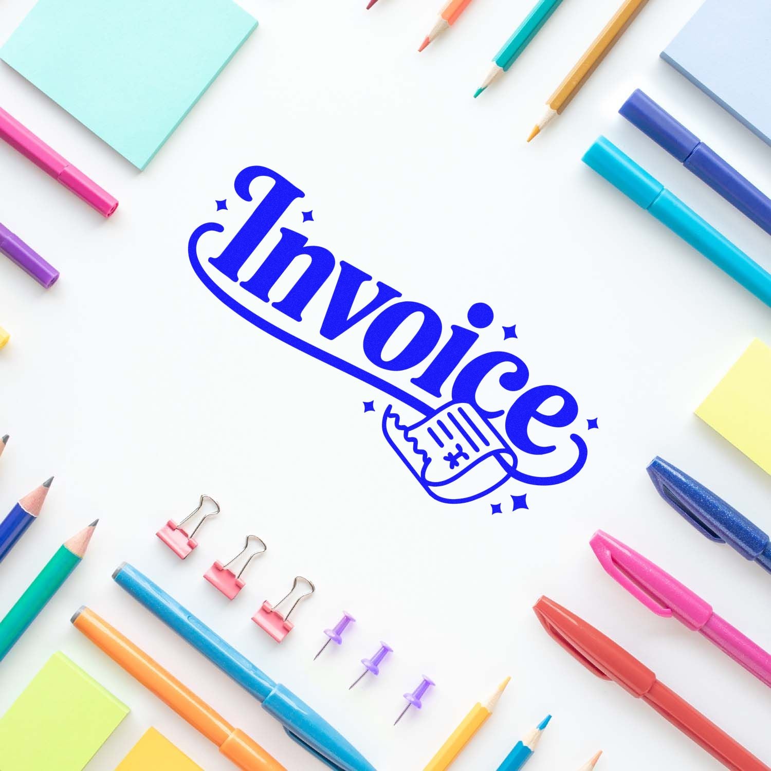 Invoice rubber stamp design for accounting and billing, shown with colorful stationery and office supplies.
