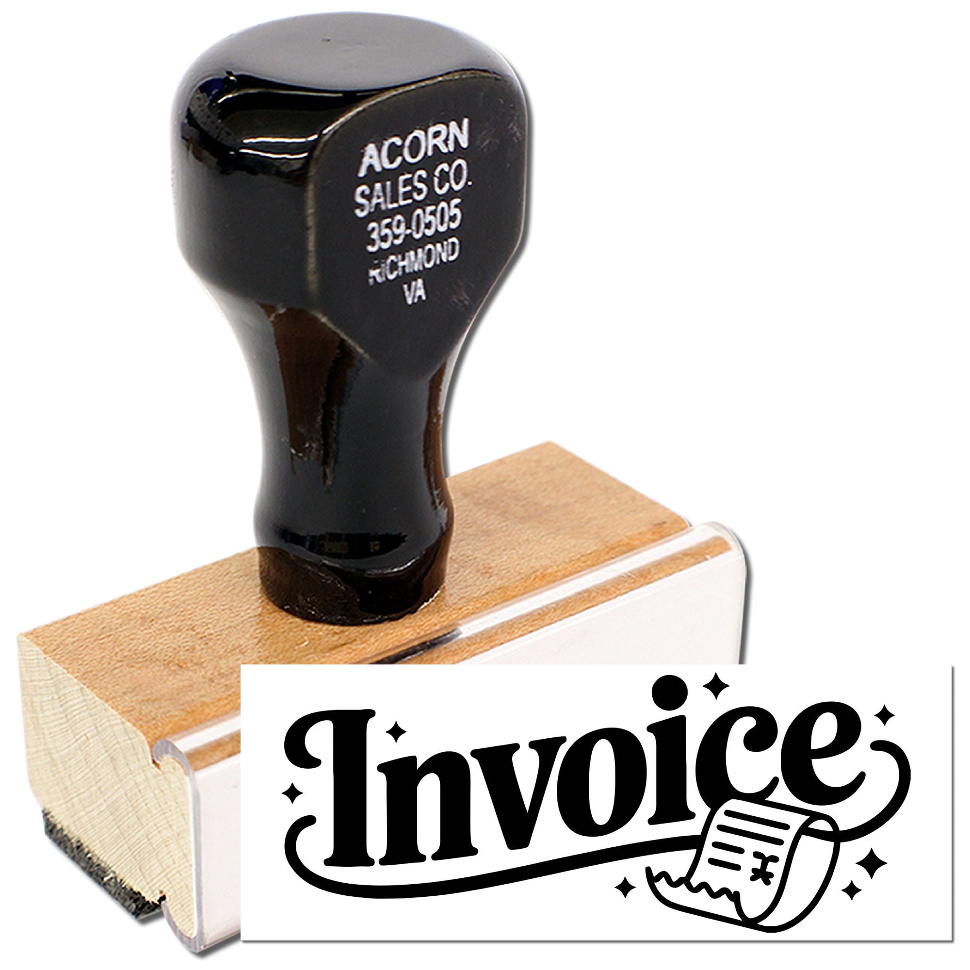 Custom invoice rubber stamp with wood handle for business billing and office accounting.