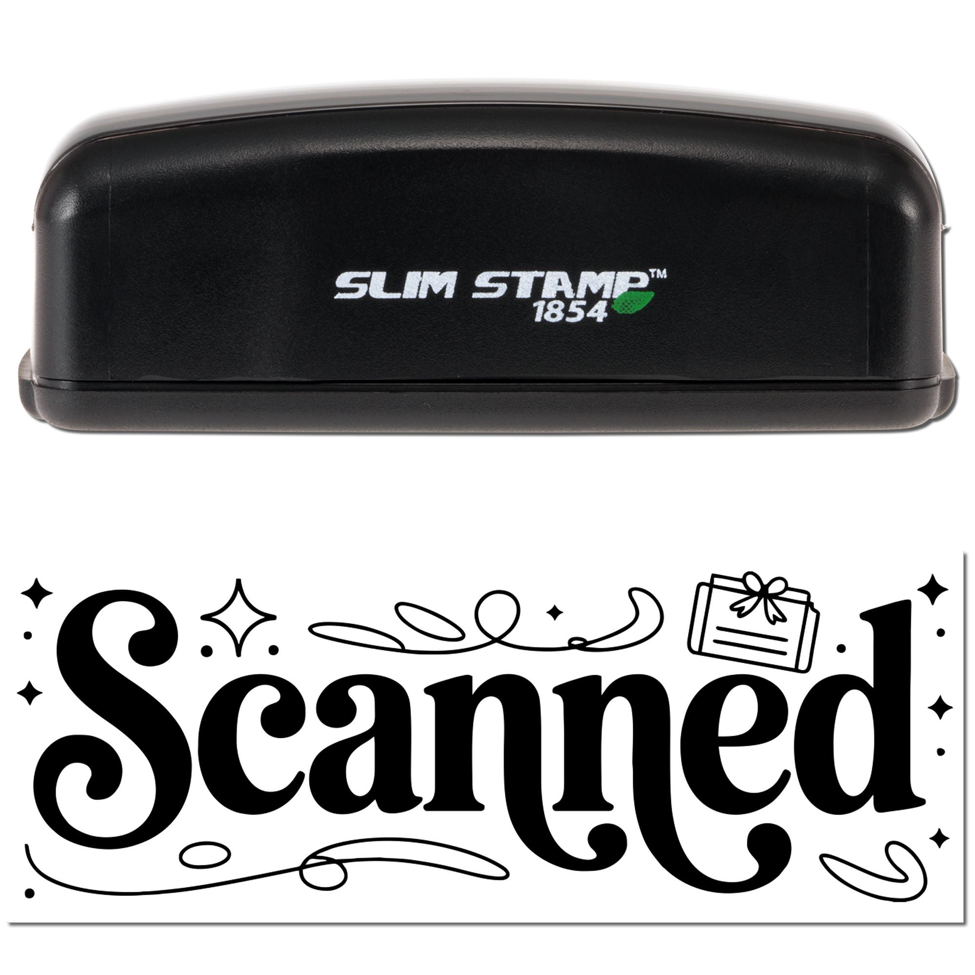 Slim Stamp 1854 rubber stamp with Scanned imprint, showing a decorative scanned document approval stamp for office use