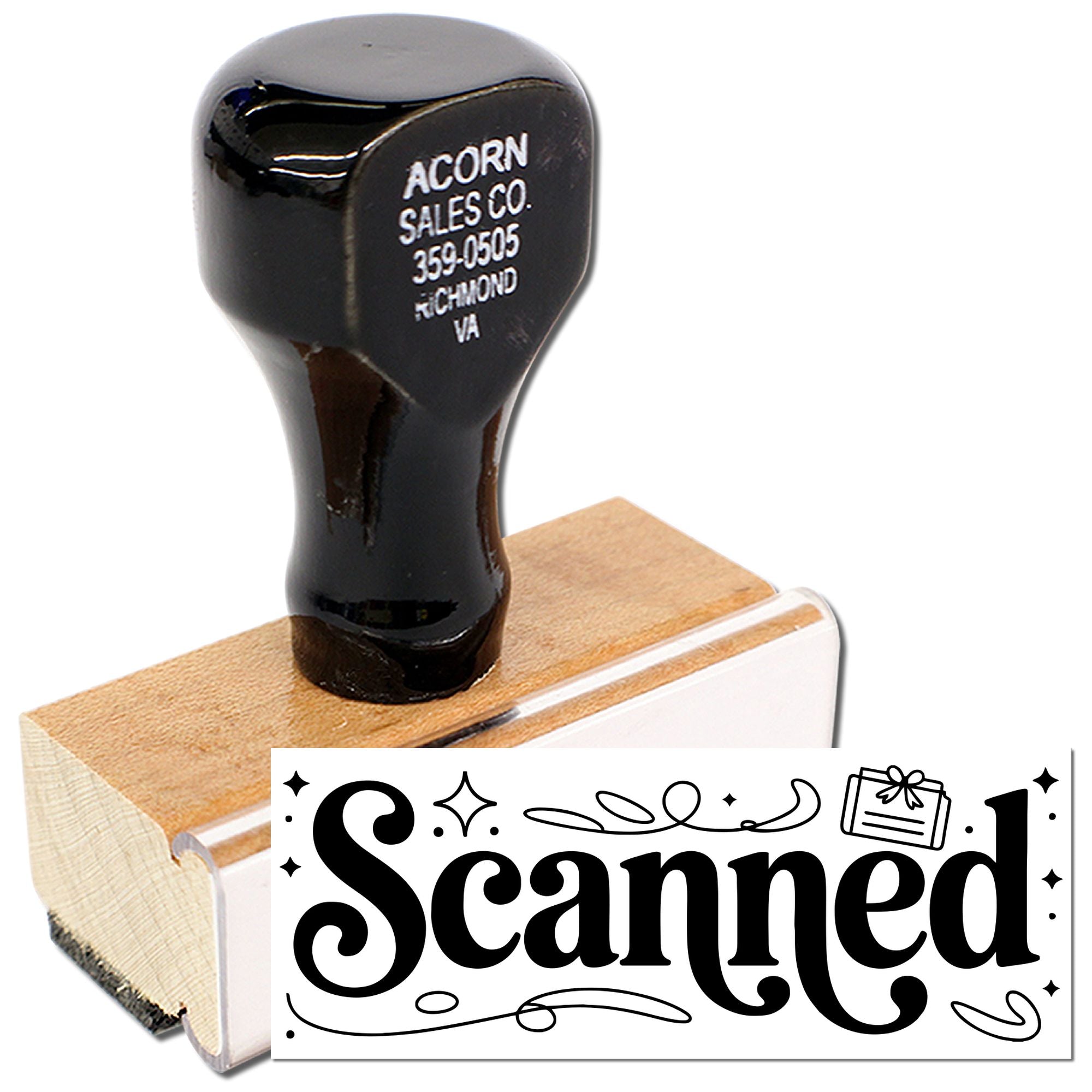 Wood handle rubber stamp with Scanned imprint for quickly marking documents and office paperwork.