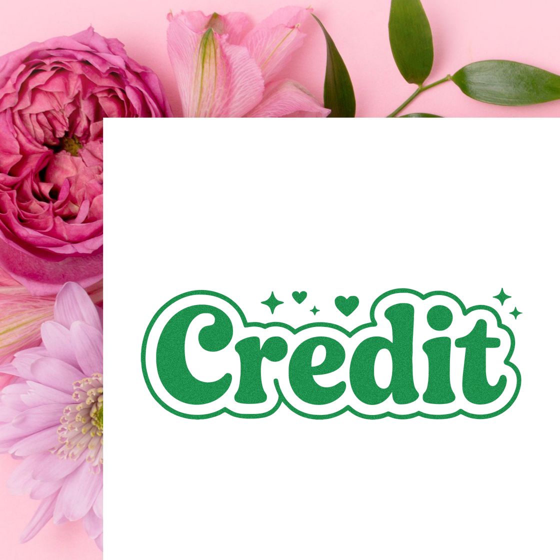 Green Credit rubber stamp design with hearts and sparkles, ideal for bookkeeping, invoices, and craft labeling.