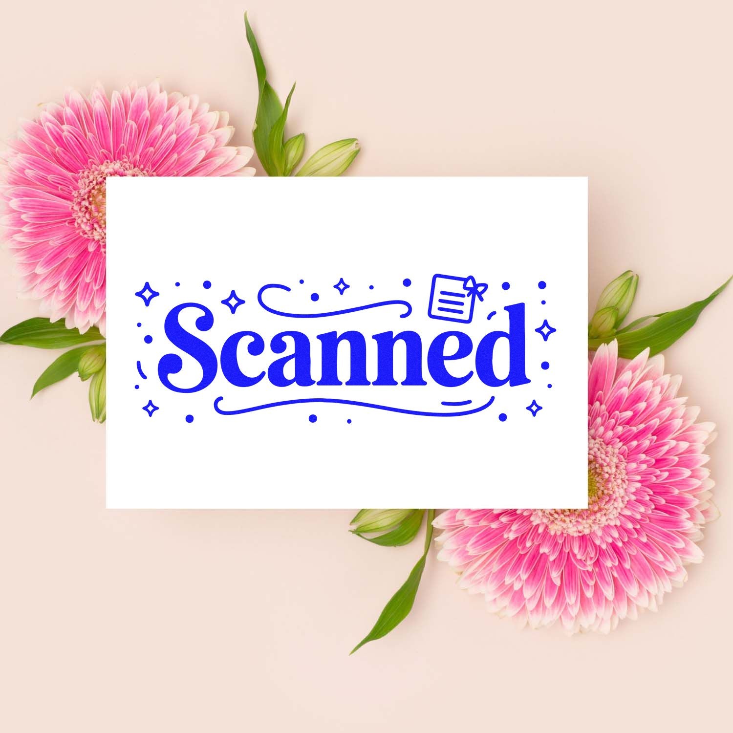 Decorative blue Scanned rubber stamp design for documents, with floral background and handwritten-style lettering.