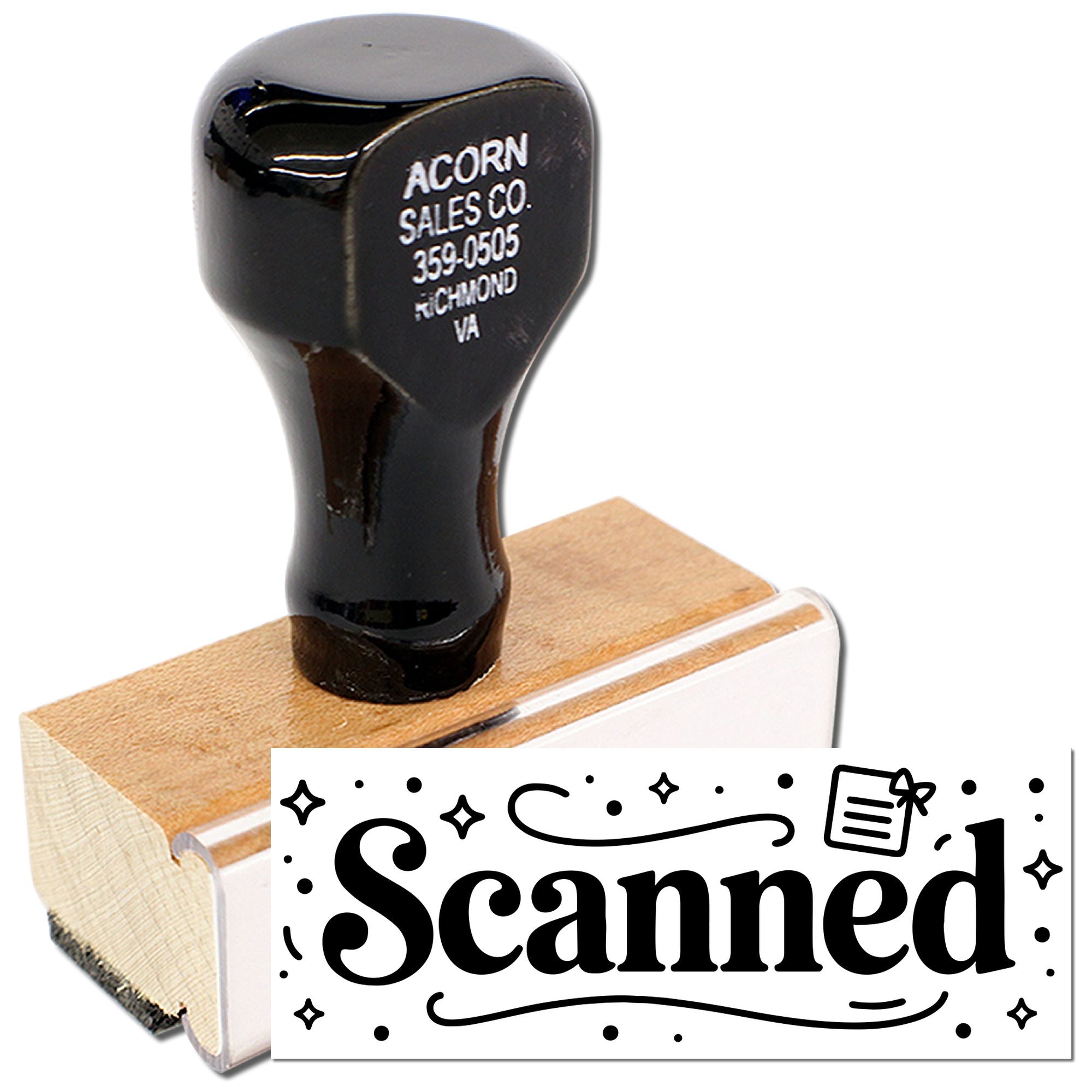 Scanned rubber stamp with wooden handle for marking office documents and mail.
