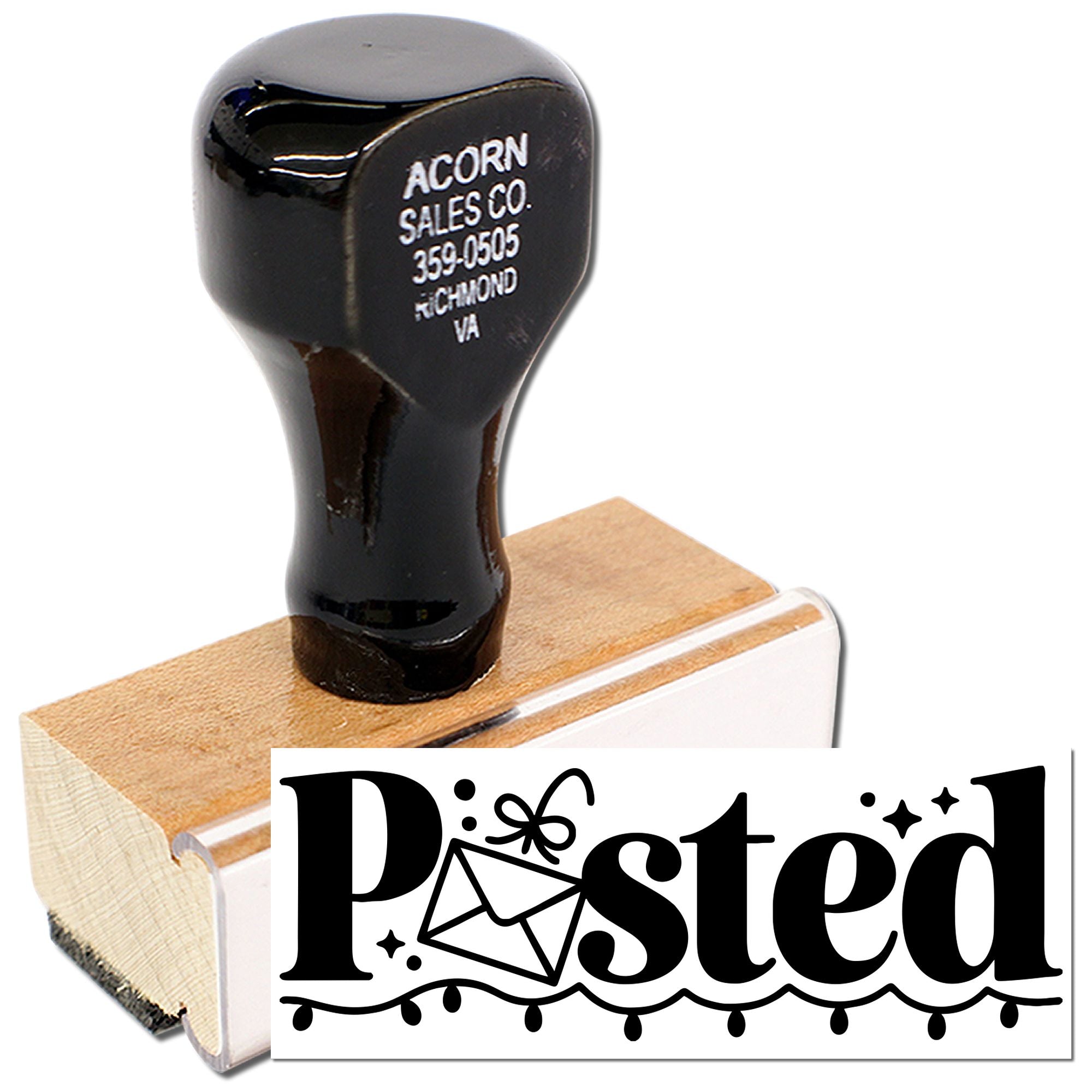 Custom rubber stamp with Posted design and Acorn Sales Co. address for office mail, labeling, and business packaging.