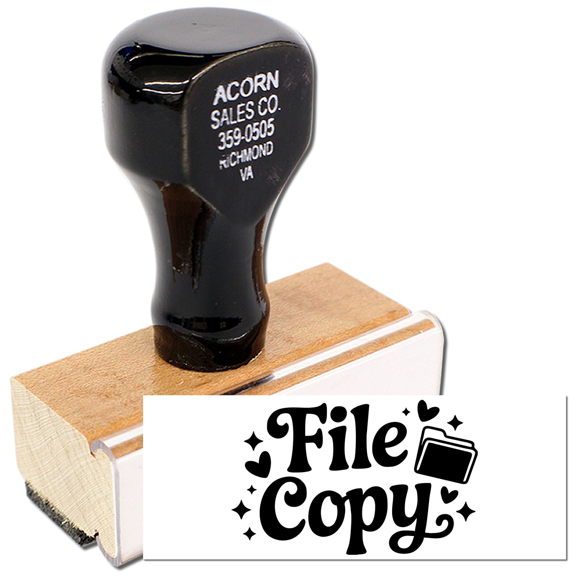 File Copy rubber stamp for office document organization and record keeping, shown with wooden handle and clear imprint.