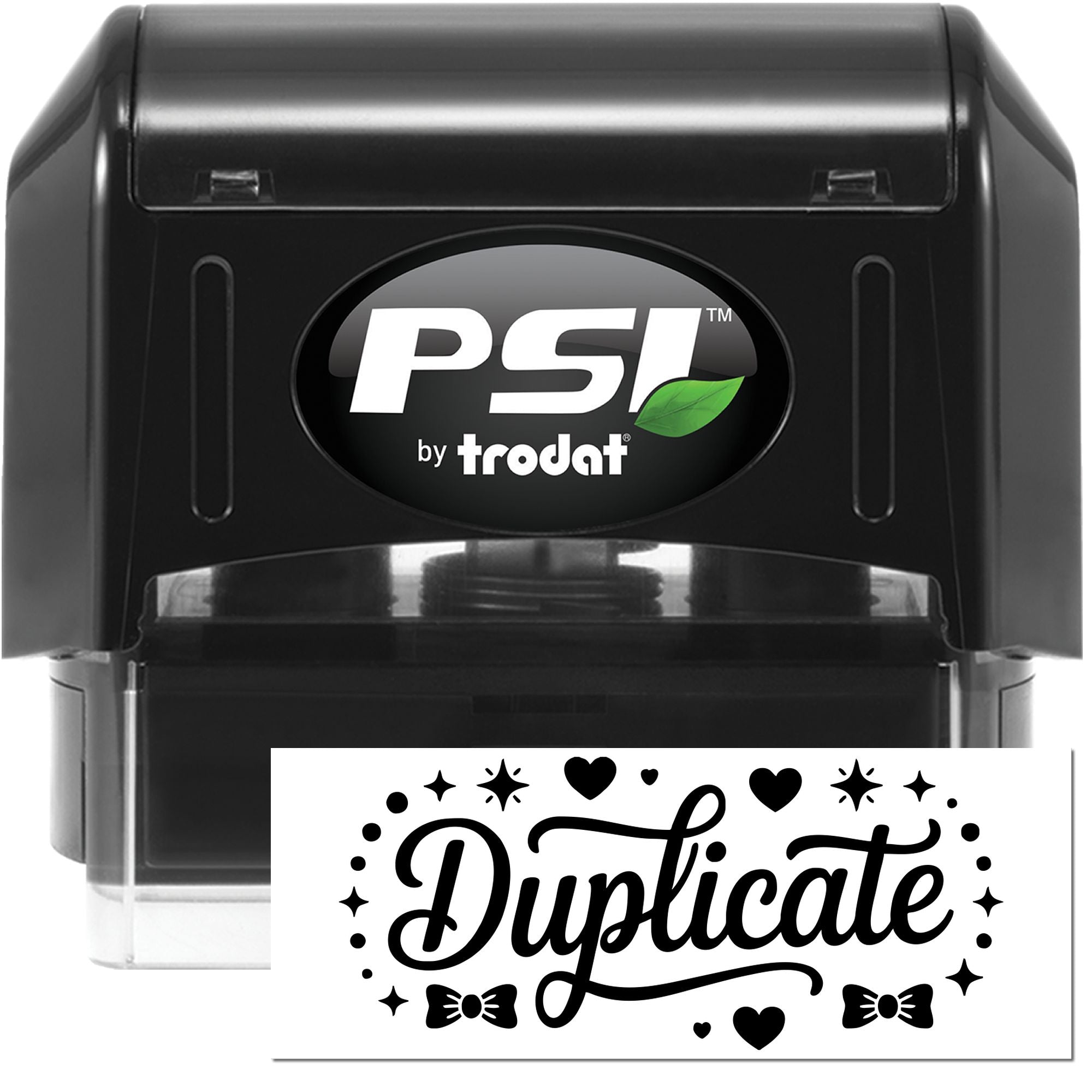 PSI by Trodat self-inking rubber stamp with decorative Duplicate imprint for office document marking.