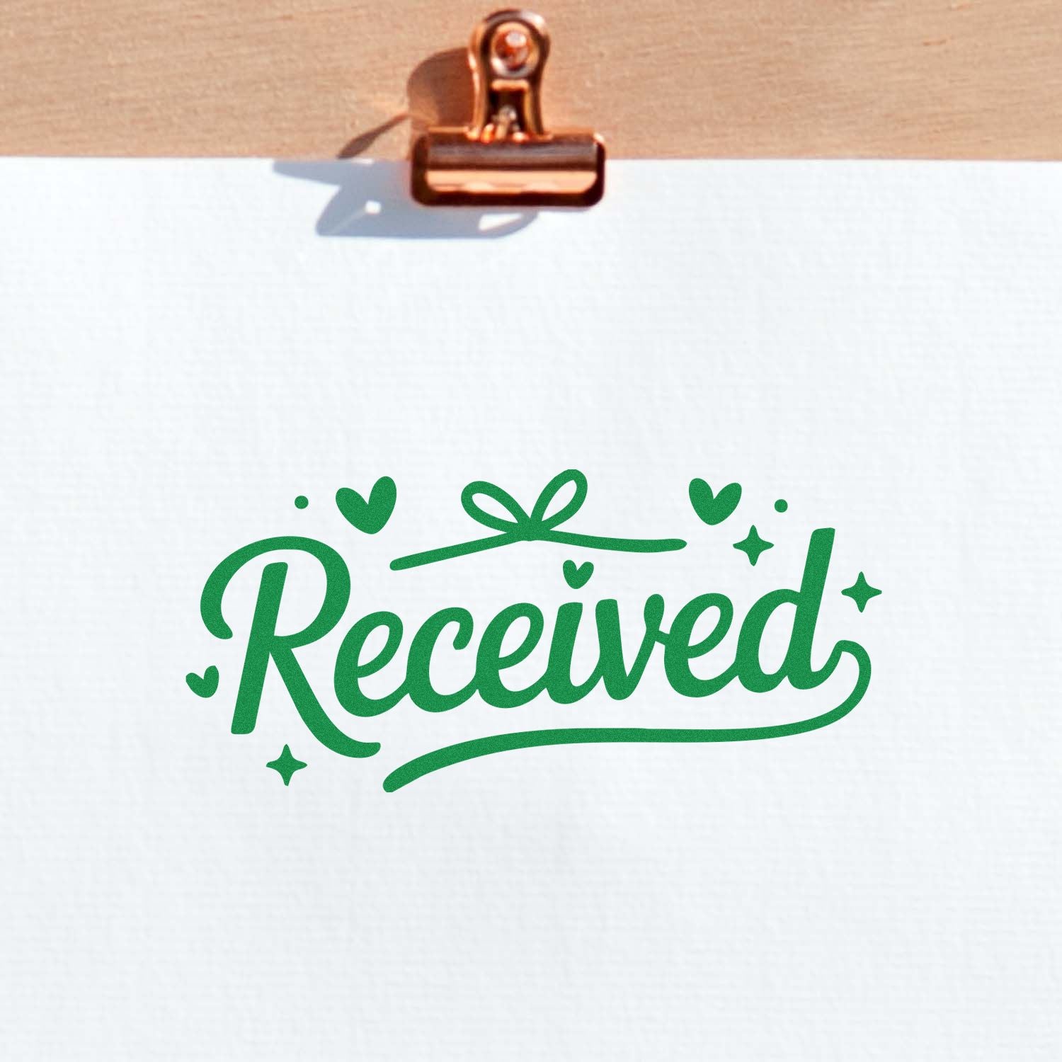 Green Received rubber stamp with hearts and sparkles, perfect for custom packaging, planners, and business mail.