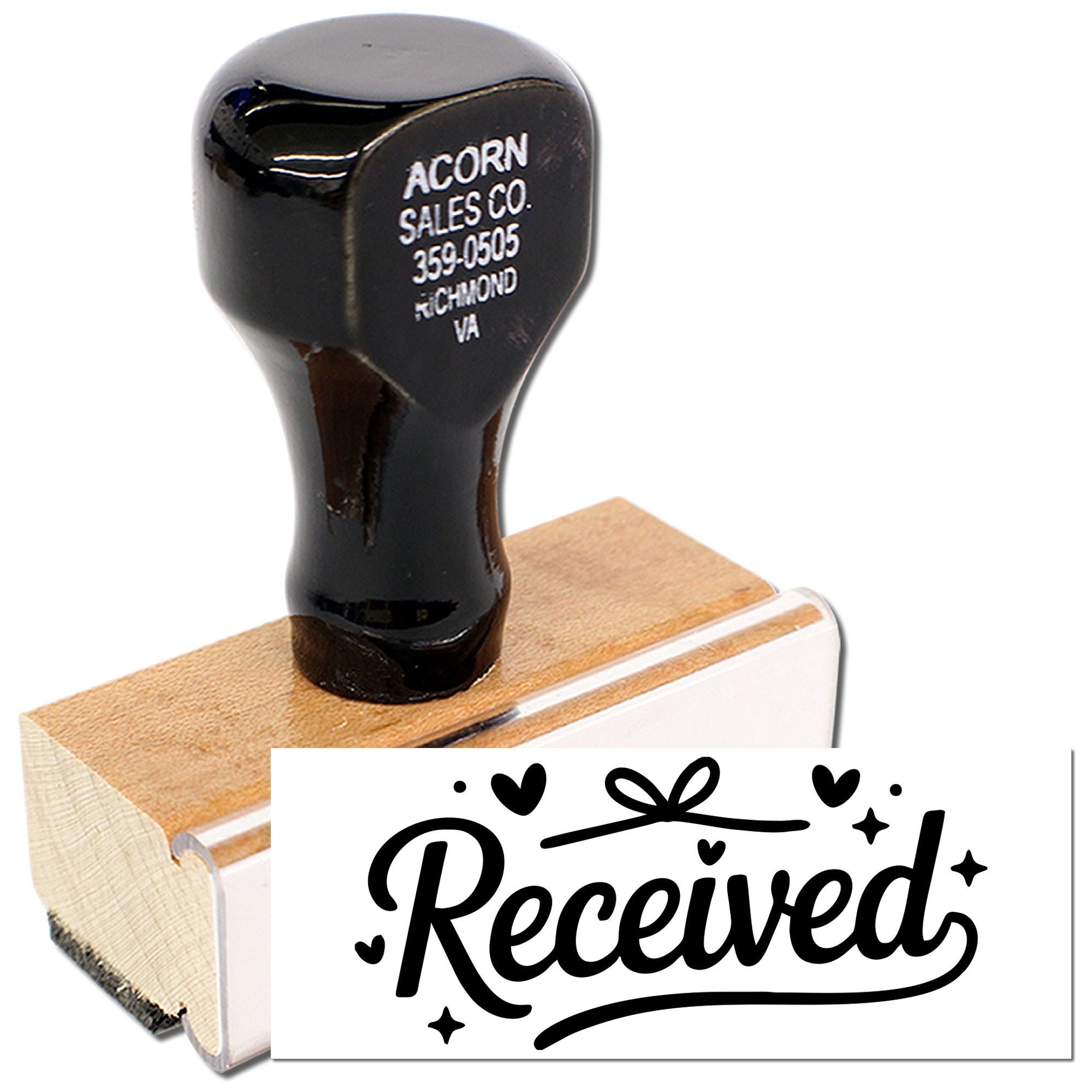 Custom rubber stamp with "Received" imprint and business name, ideal for office mail processing and document marking.