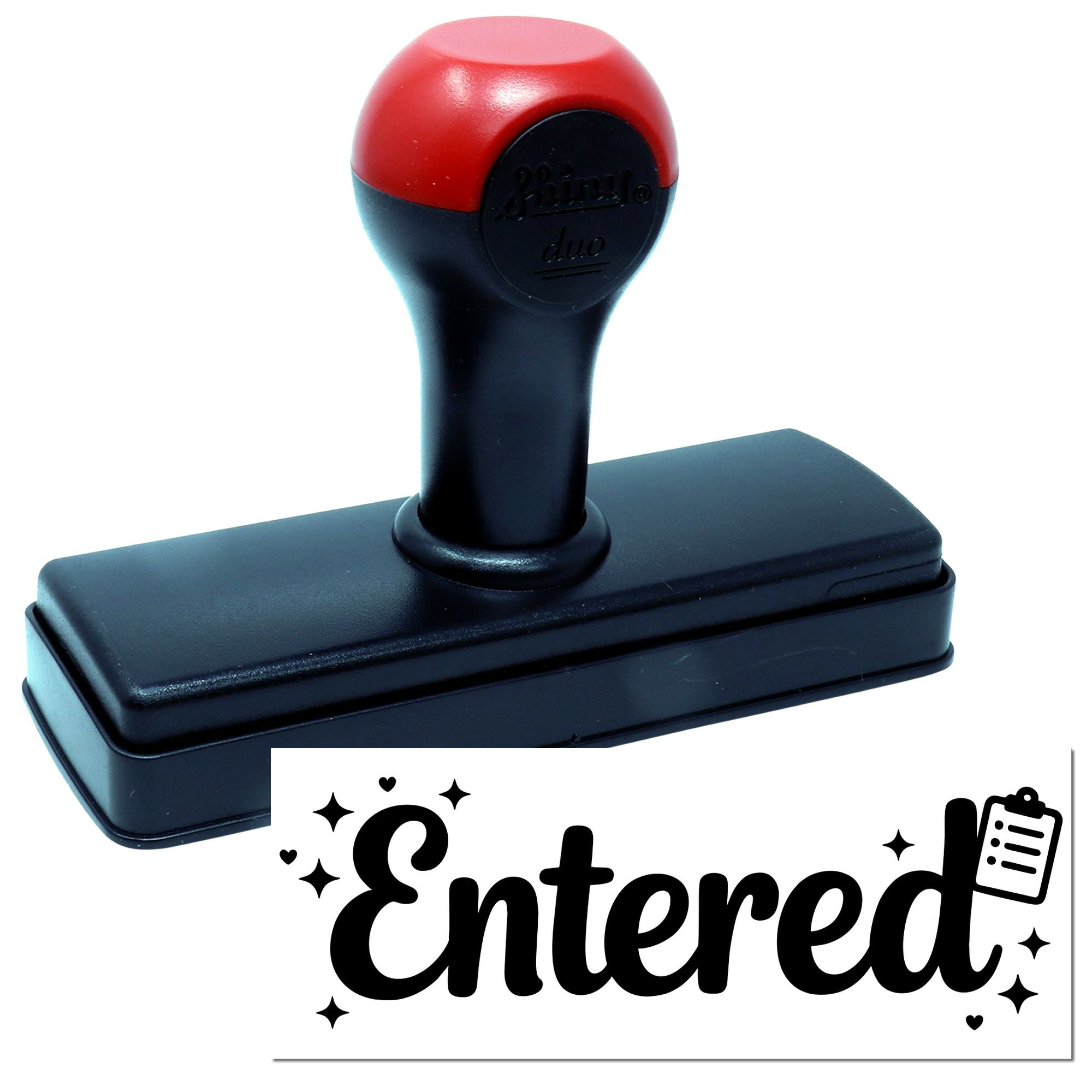 Self-inking Entered rubber stamp with red and black handle for office documents, record keeping, and mail processing.