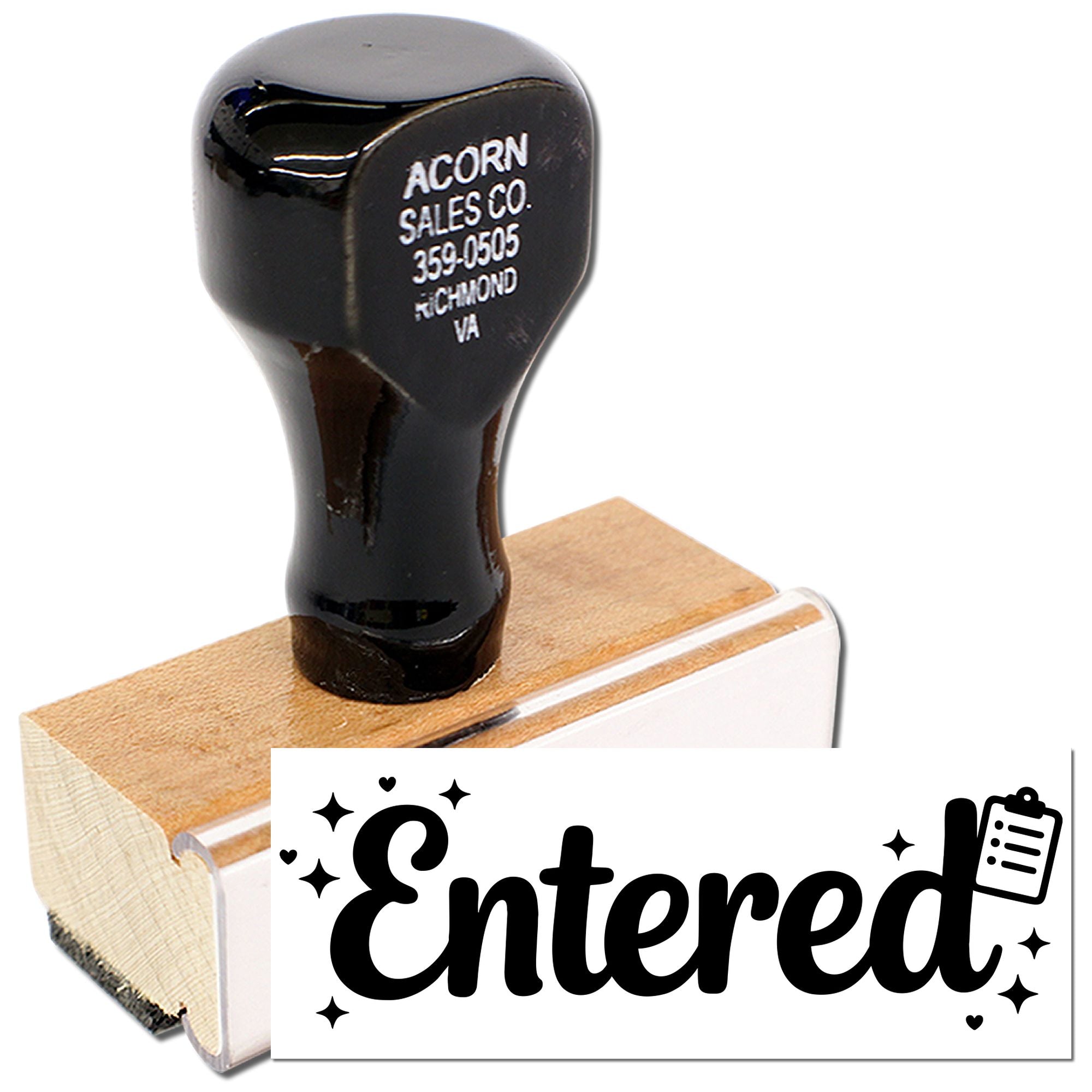 Wooden rubber stamp with Entered imprint for office document approval, filing, and record-keeping.