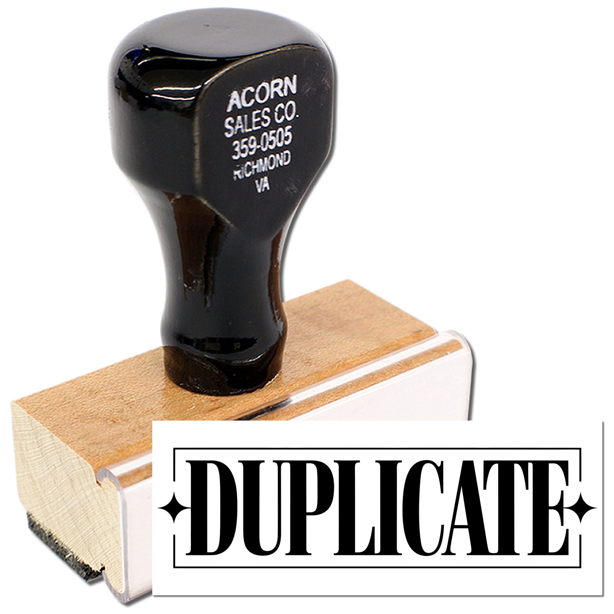 Duplicate rubber stamp with wooden handle for marking copies, office documents, and business files.