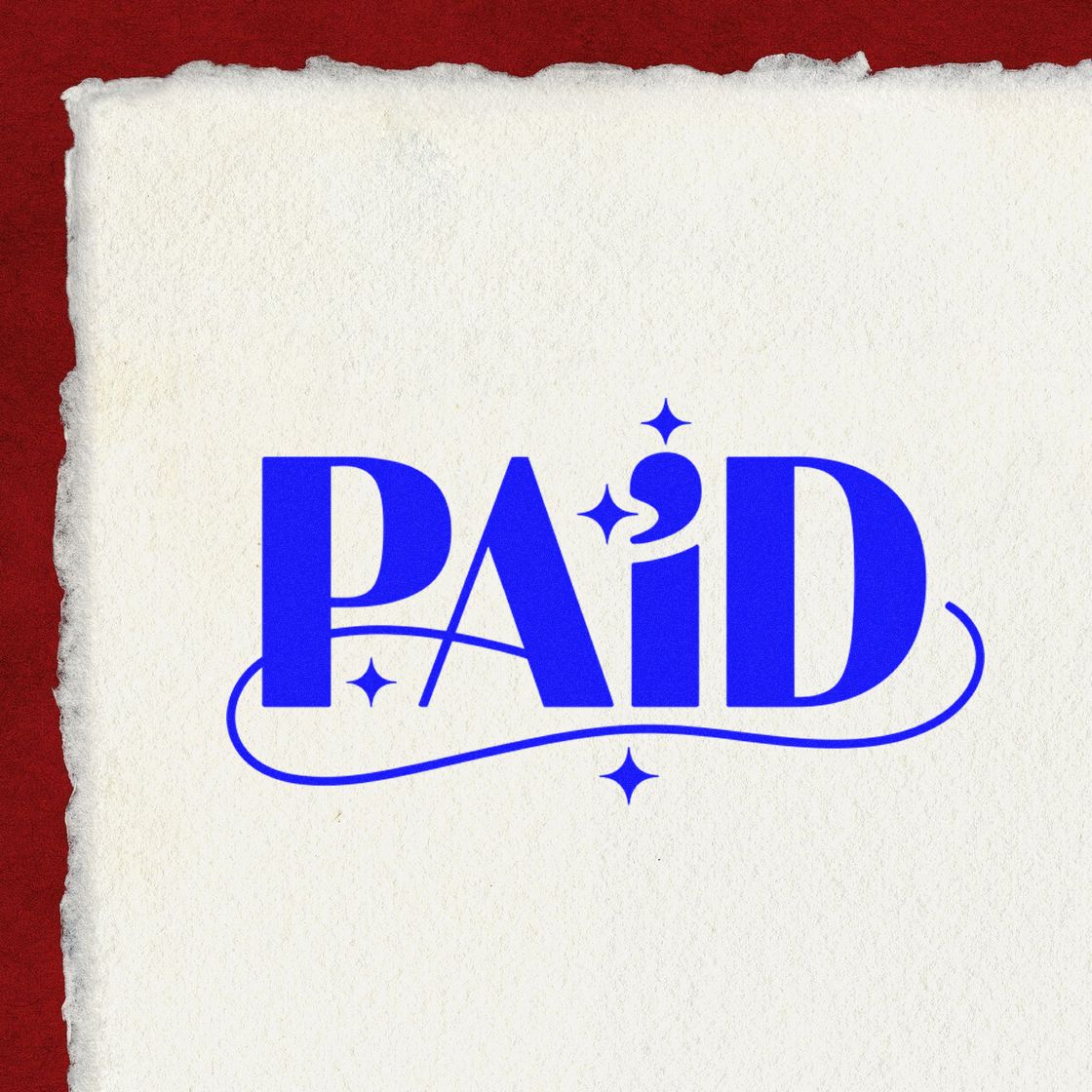 Blue PAID rubber stamp on textured paper for invoices, receipts, and payment confirmation.