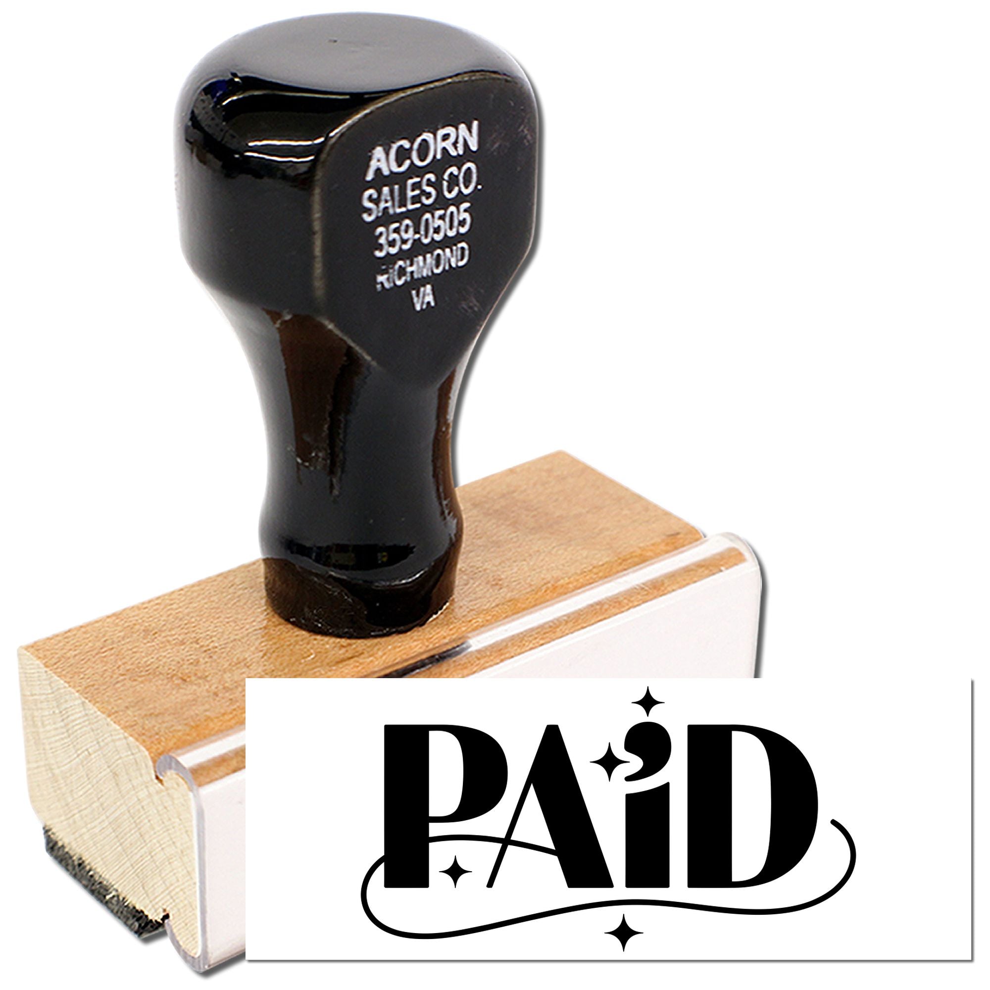 PAID rubber stamp for invoices, featuring a custom business name and address on a mounted stamp block.