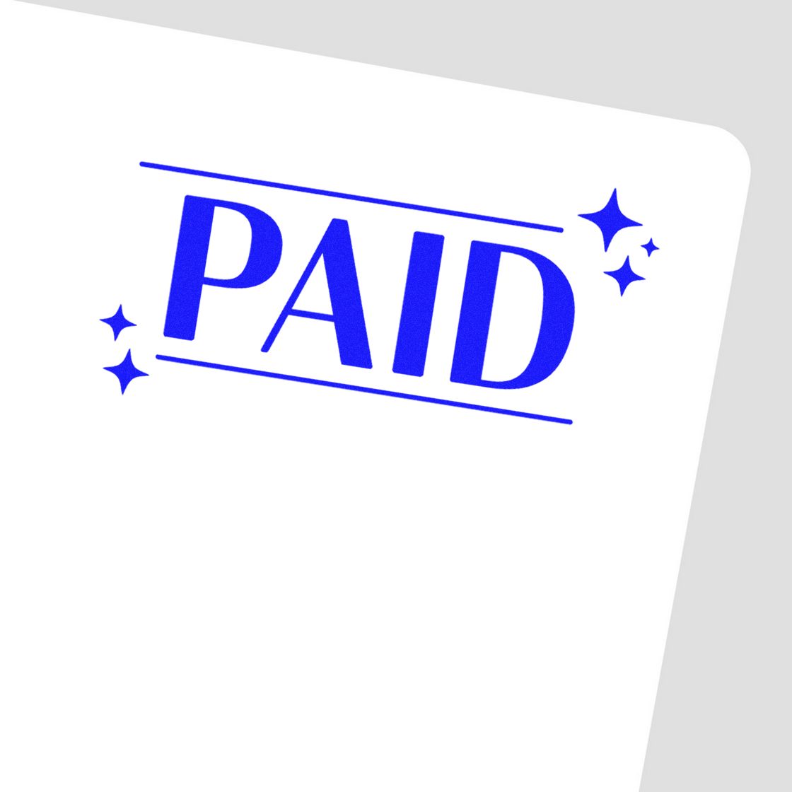 Blue PAID rubber stamp design with sparkles, ideal for business invoicing, bookkeeping, and office documents.