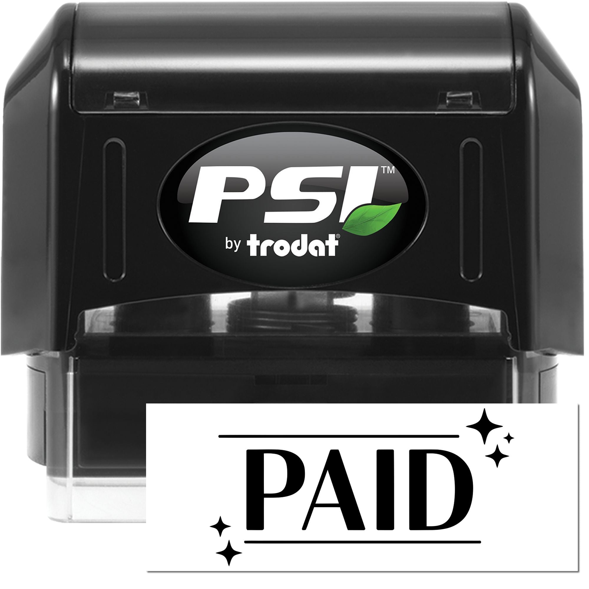 Self-inking PAID rubber stamp by PSI by Trodat for marking invoices, receipts, and documents as paid.