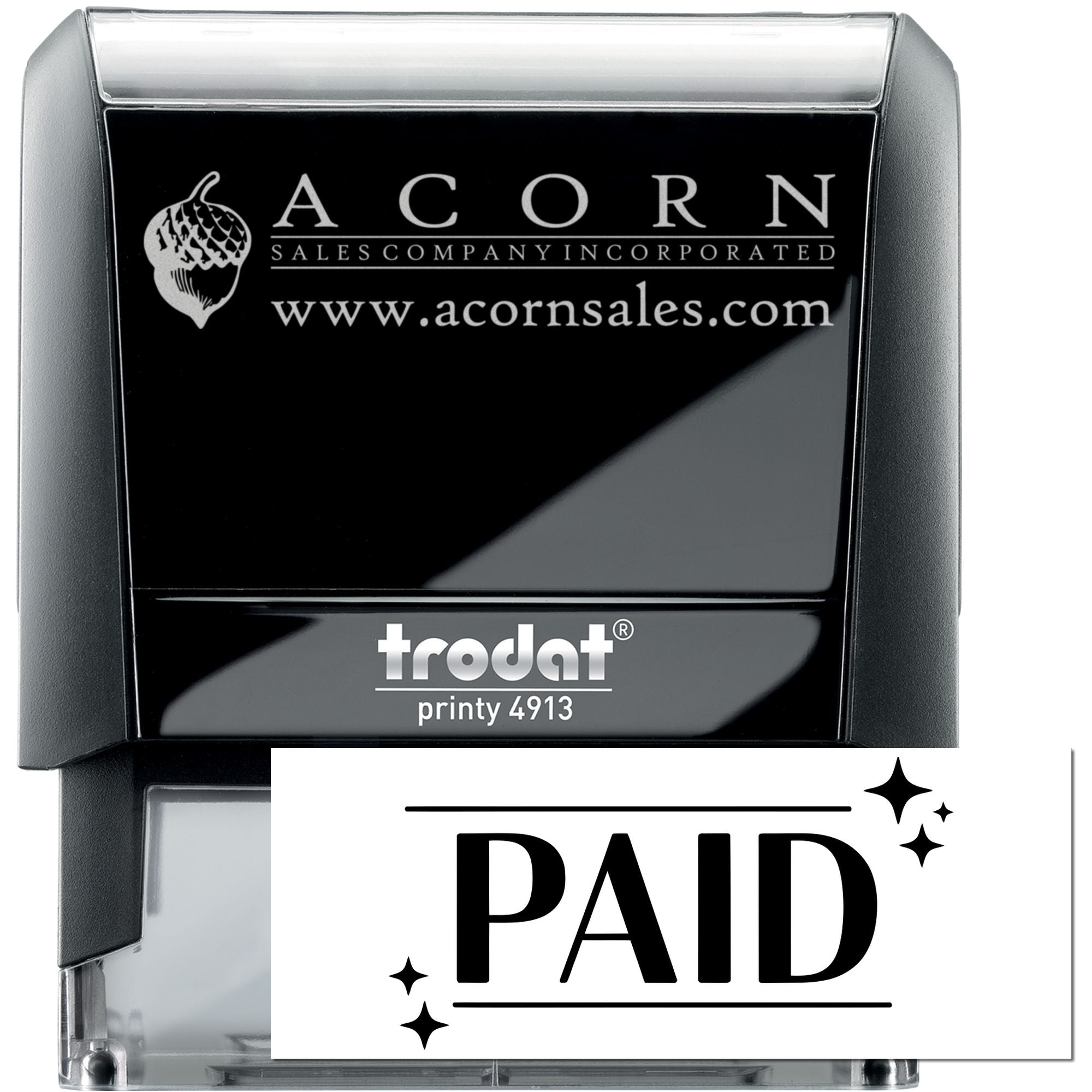 Custom self-inking Trodat Printy 4913 rubber stamp with Acorn Sales logo and PAID mark for invoices.