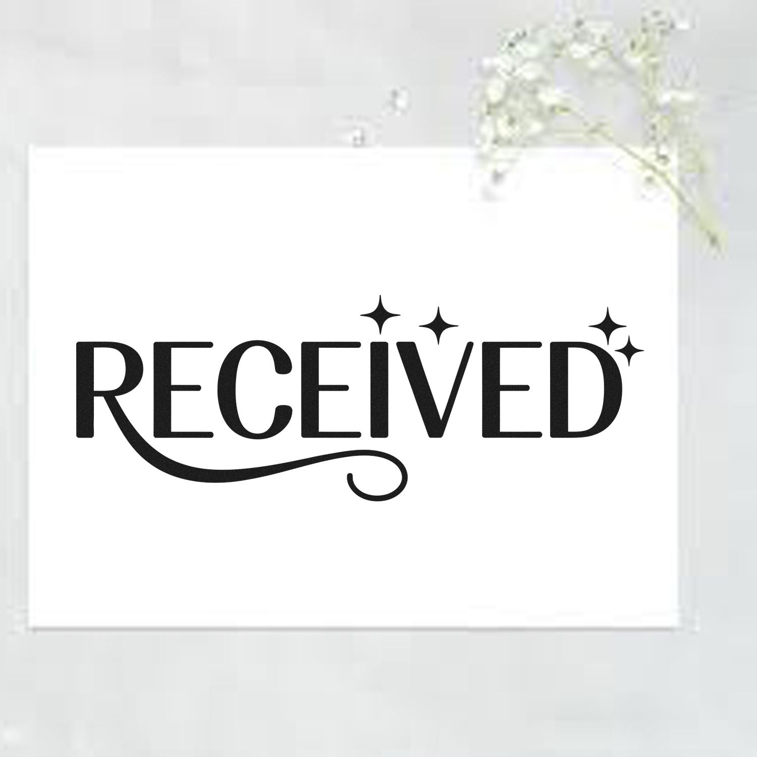 Received rubber stamp design with decorative sparkles, ideal for office mail, document approval, and packaging.