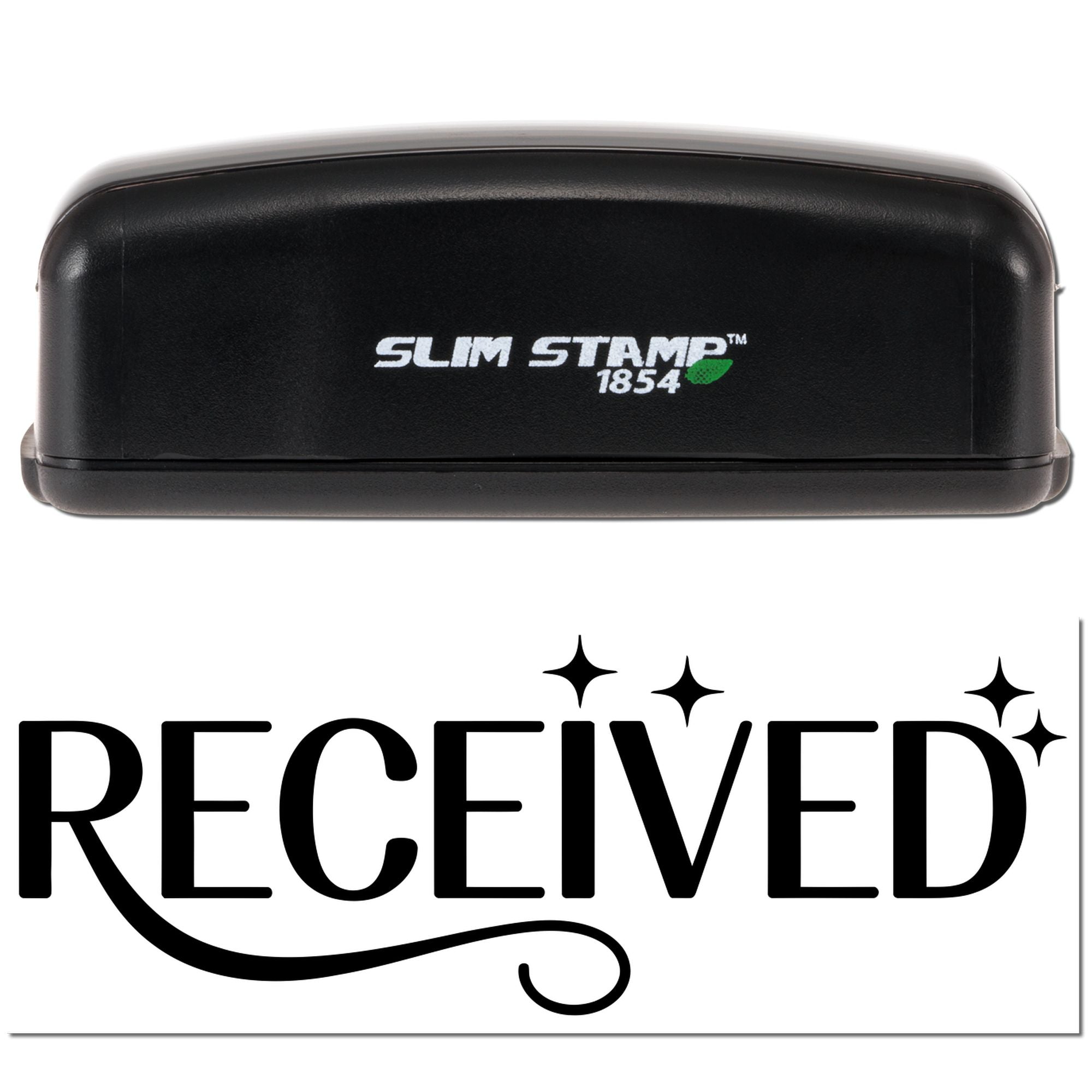 Slim Stamp 1854 rubber stamp with RECEIVED imprint for office document and mail processing.
