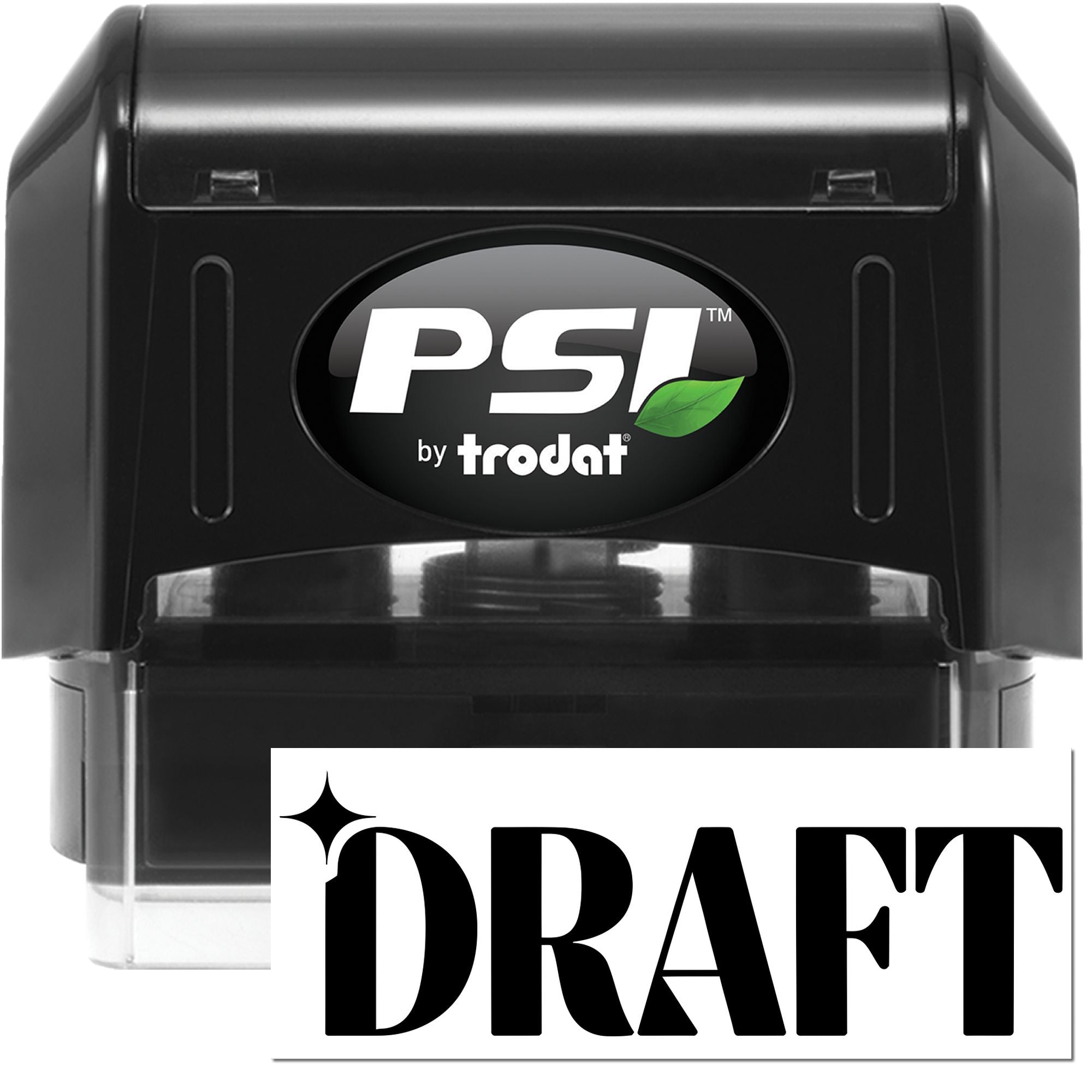 PSI by Trodat self-inking rubber stamp with bold DRAFT imprint for office document review and approval