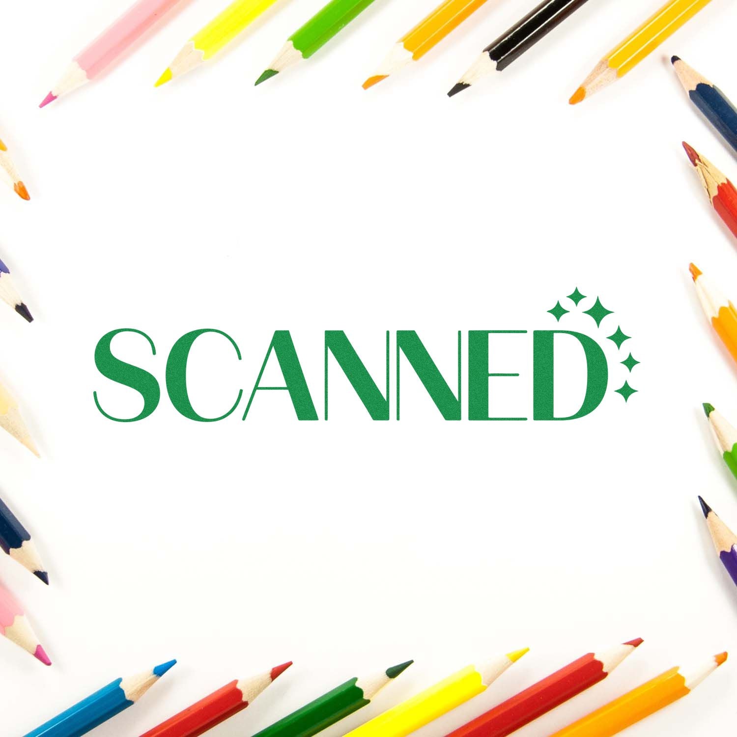 Green SCANNED rubber stamp design with colored pencil border for document review or file status marking.