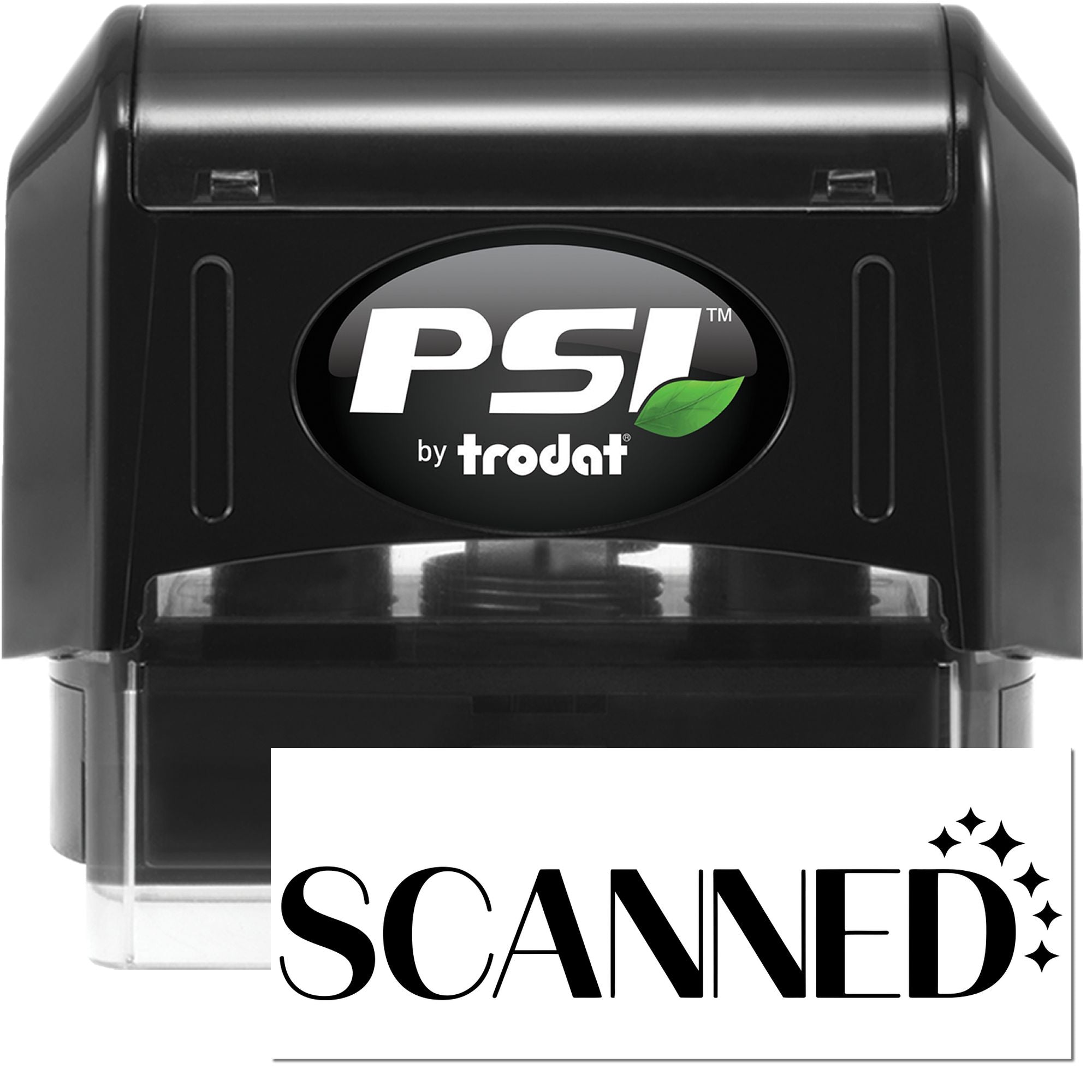 PSI by Trodat self-inking rubber stamp marked SCANNED for office document tracking