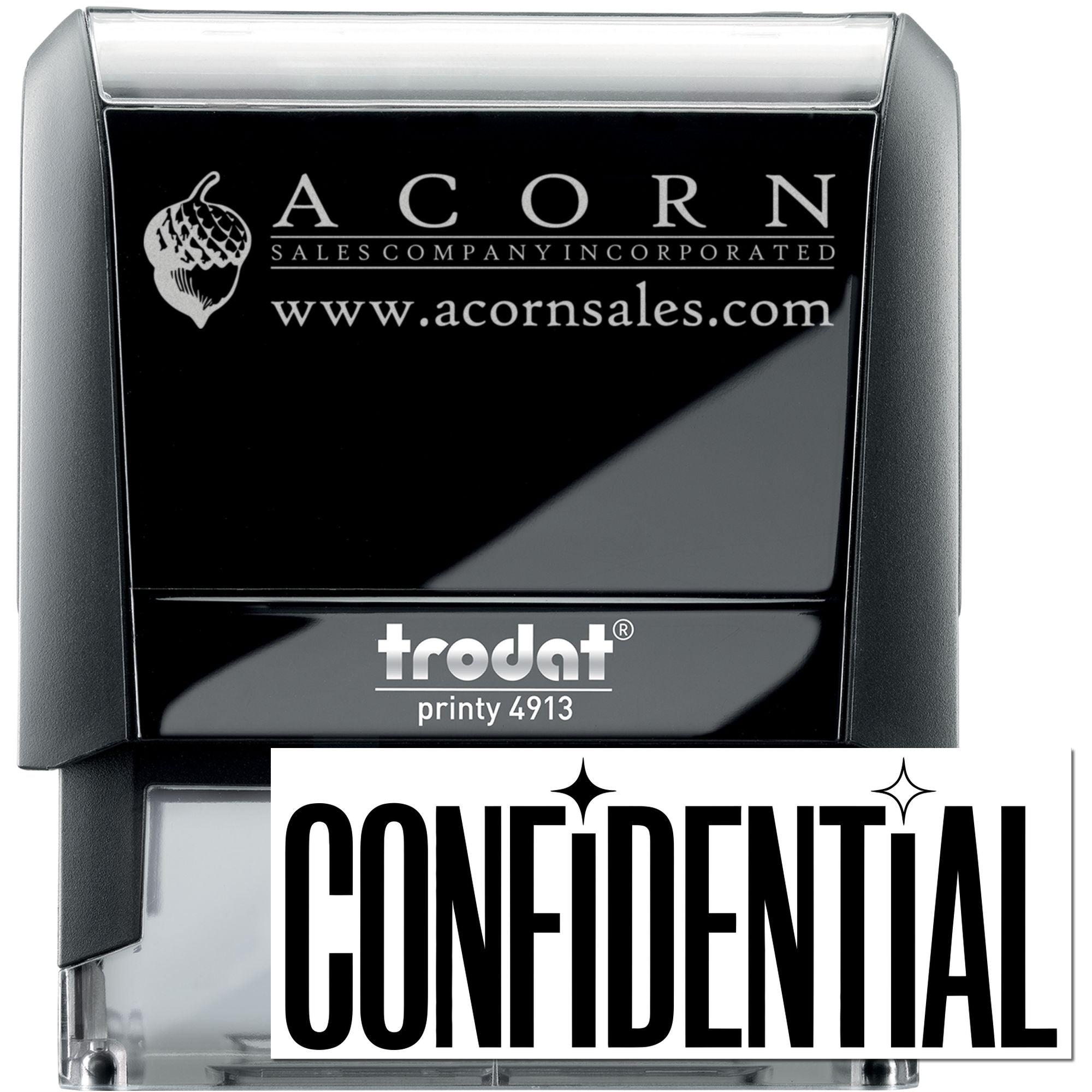 Custom self-inking rubber stamp, Trodat Printy 4913, with ACORN Sales Company logo, website, and confidential mark.