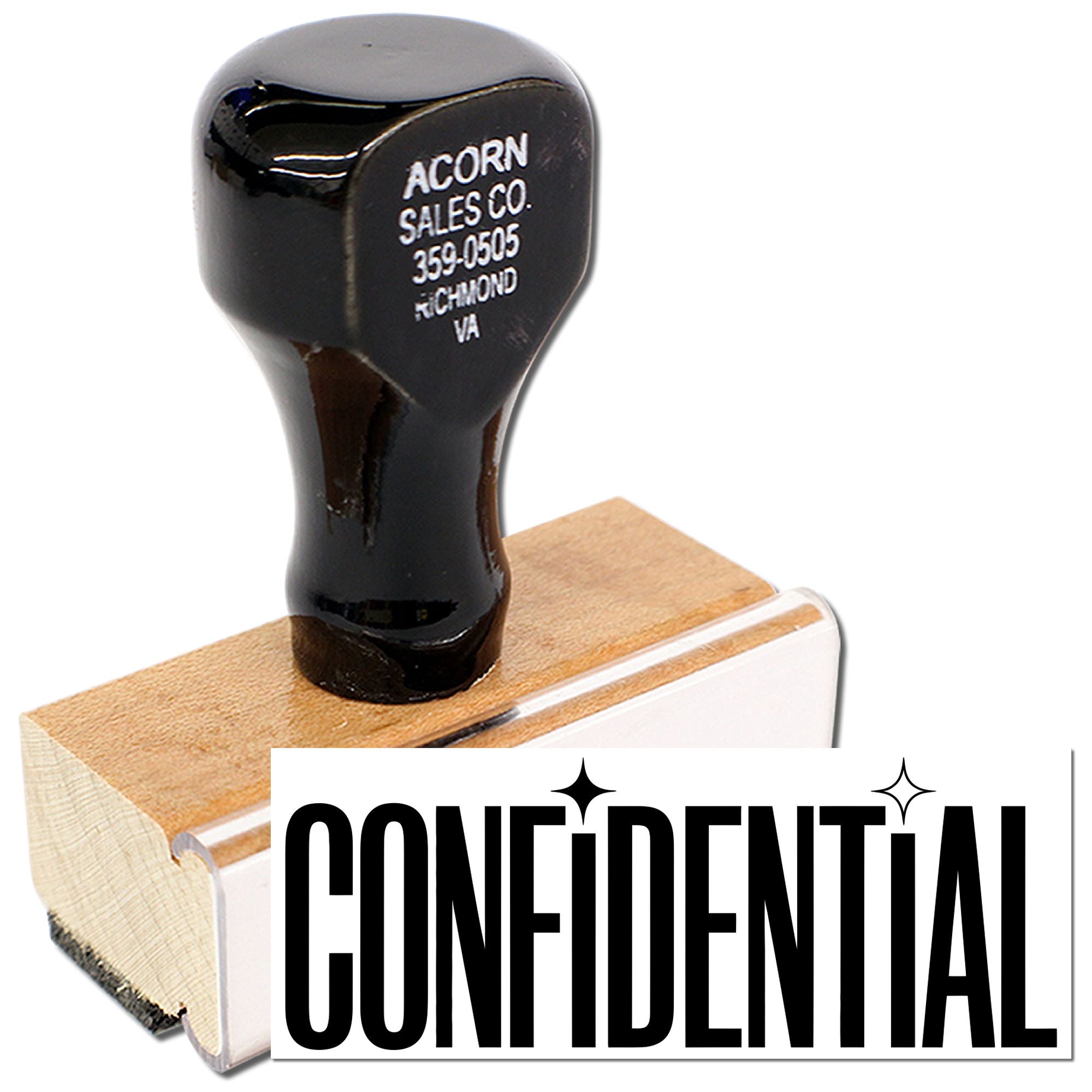 Confidential rubber stamp for marking sensitive office documents with a wooden handle.