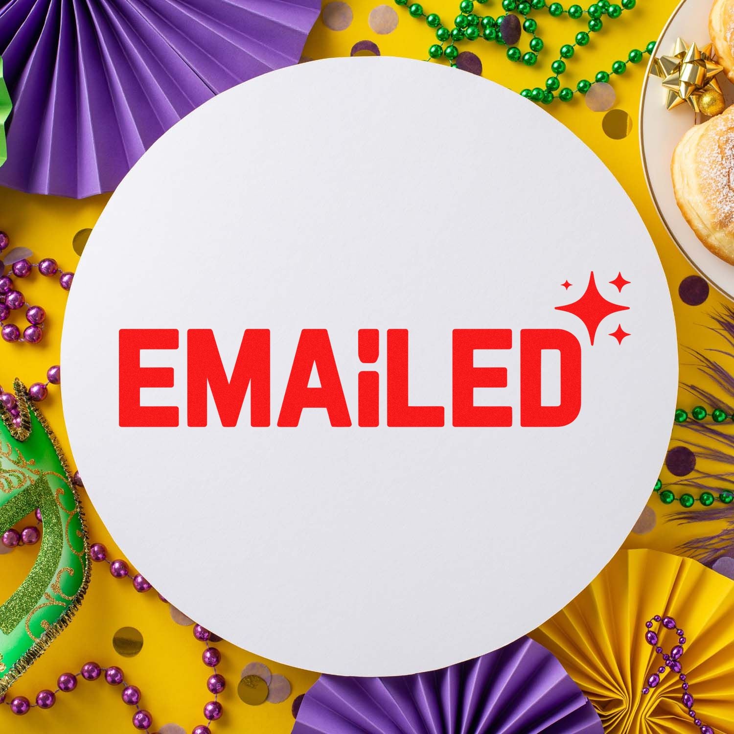 EMAILED rubber stamp on colorful Mardi Gras background for marking mailed documents, office correspondence, and business mail.