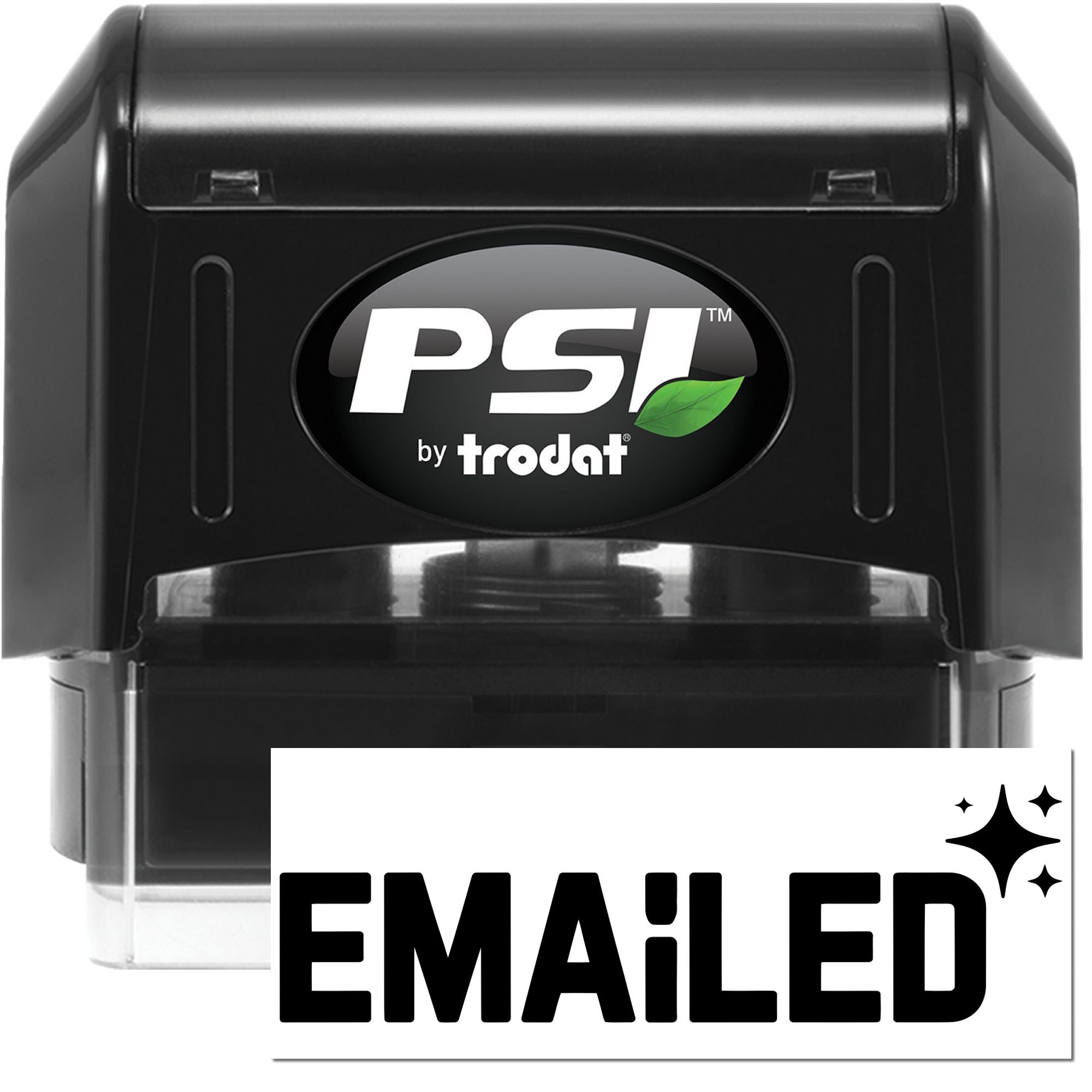 PSI by Trodat self-inking rubber stamp with bold EMAILED imprint for office document processing.
