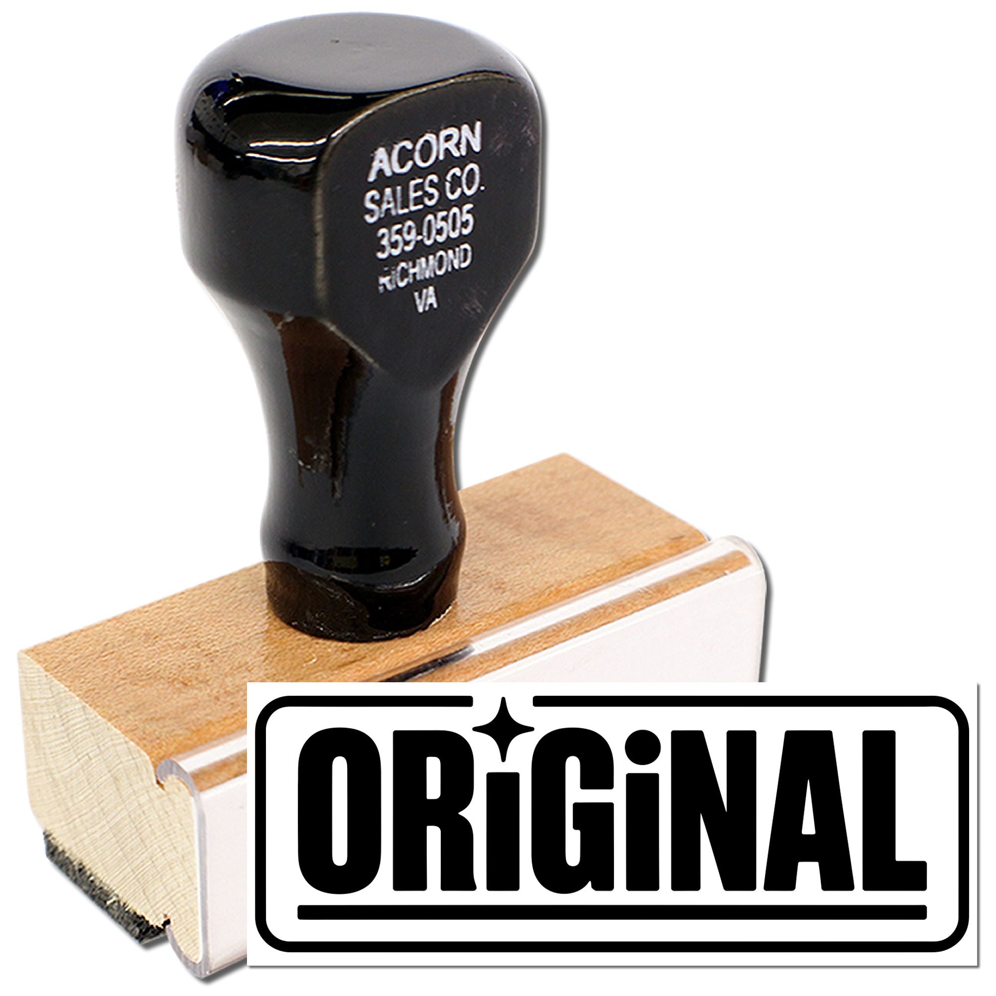 Original rubber stamp with wood handle for business documents, branding, and packaging.