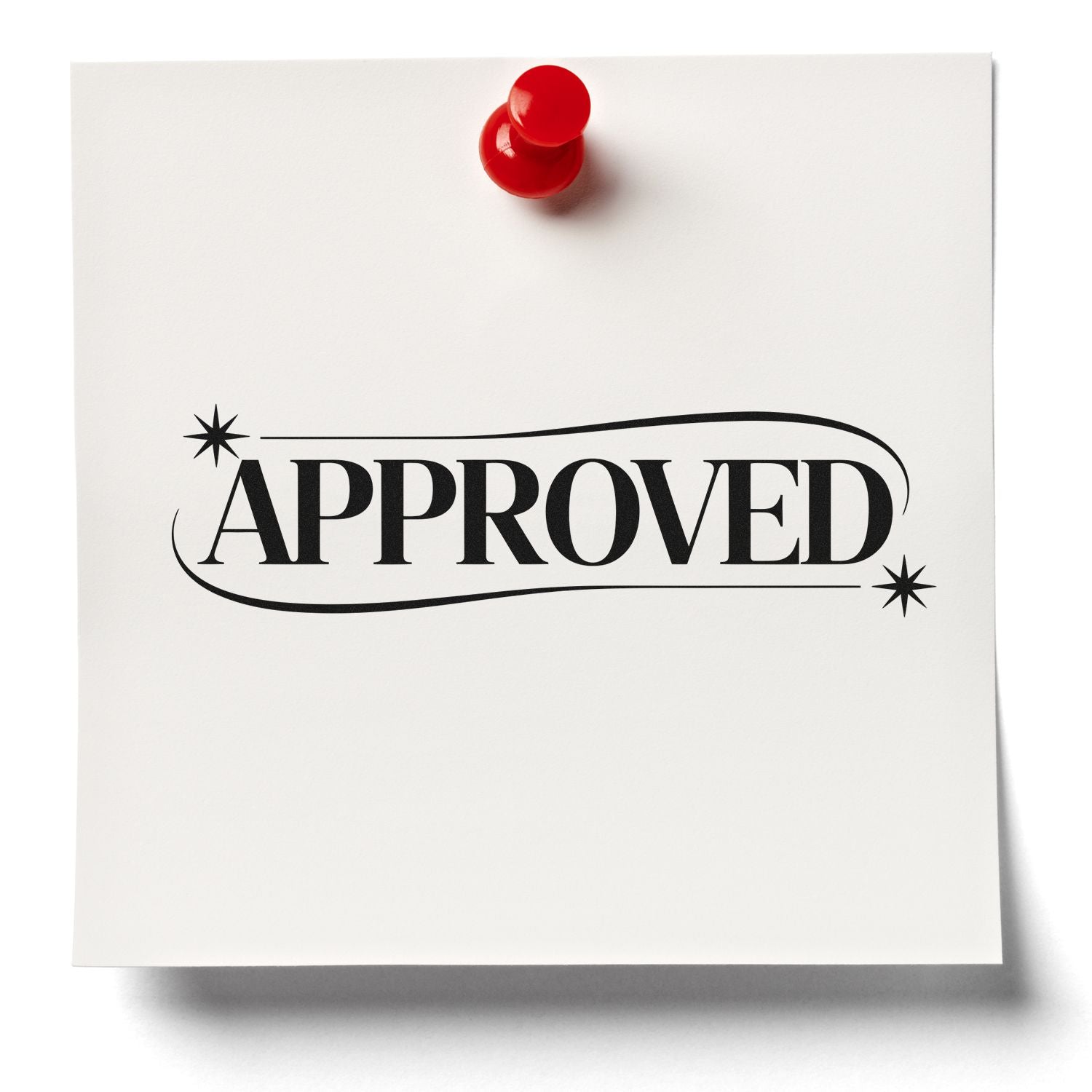 Approved rubber stamp impression on paper with red push pin, ideal for office approval workflow.