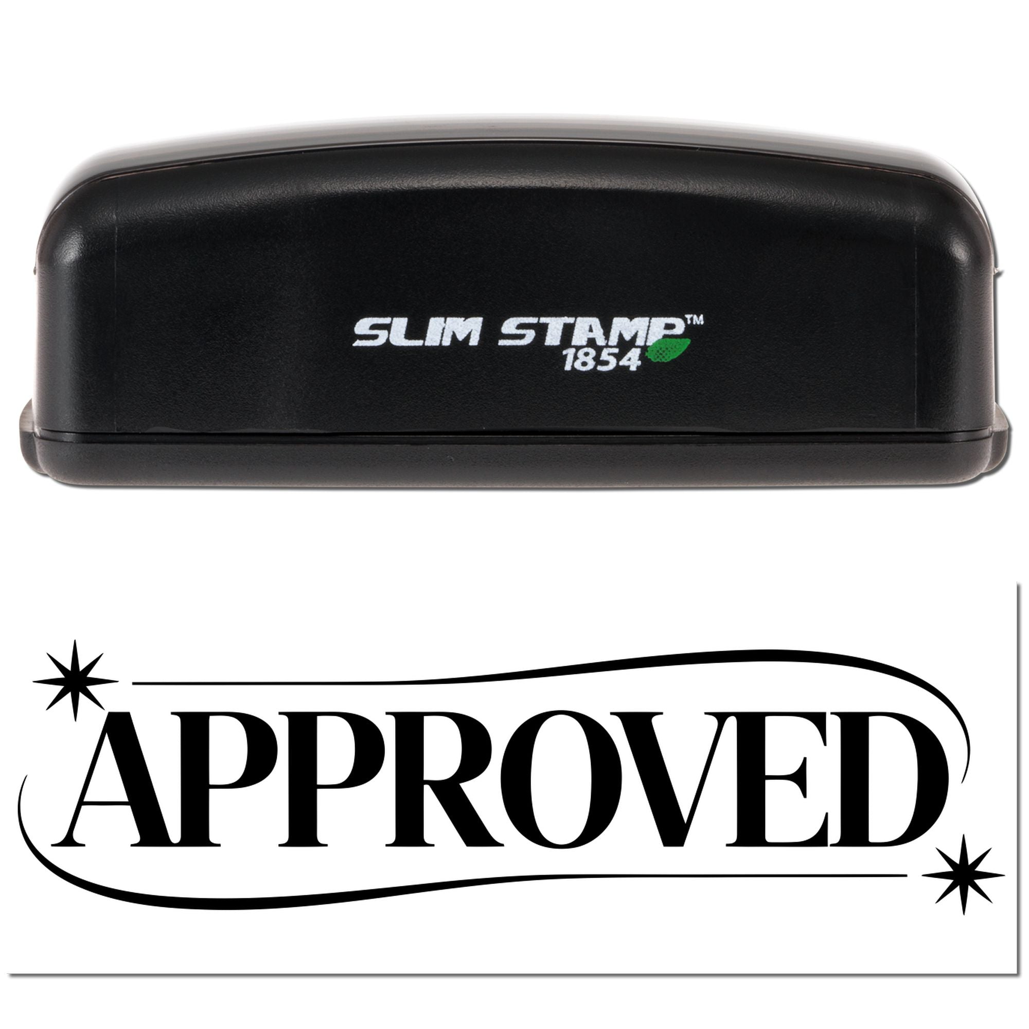 Slim Stamp 1854 self-inking rubber stamp with Approved imprint for office document approval.